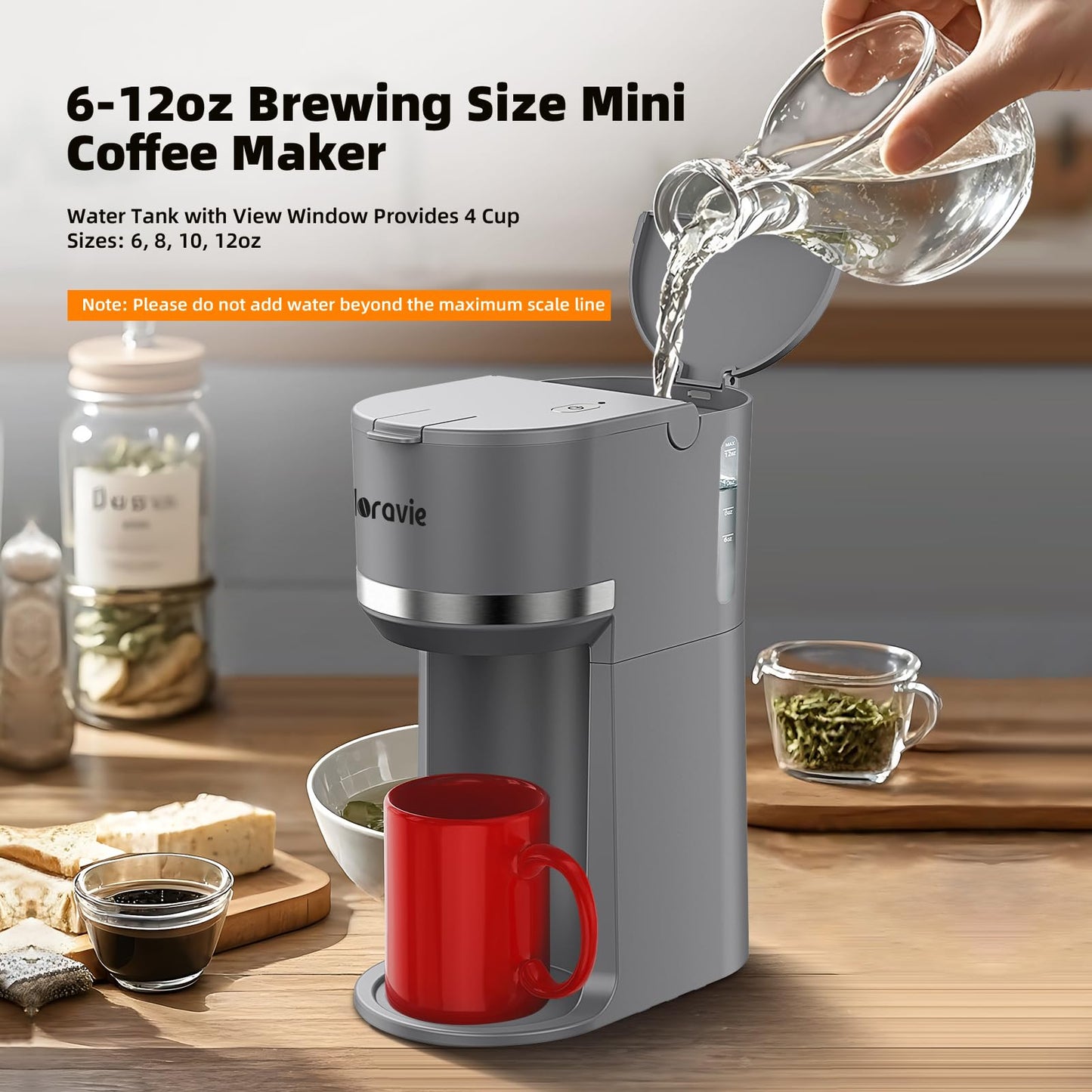 Horavie Mini Single Serve Coffee Maker for K Cup Pods and Ground Coffee, Fast Brew One Cup Coffee Machine with Descaling Reminder and Water Window, 6 to 12 oz. Brew Sizes, Gray