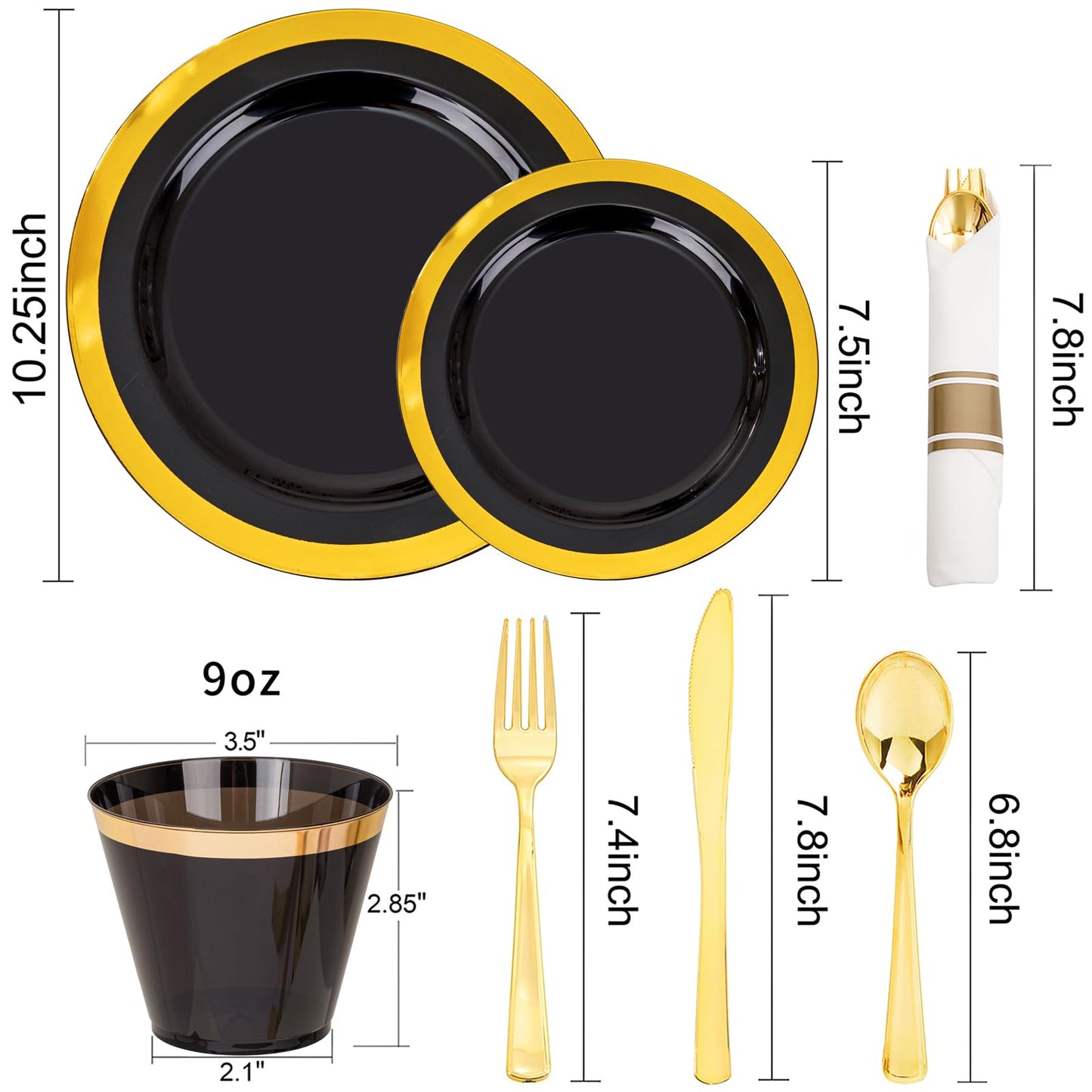 YOUBET 350PCS Black and Gold Plastic Plates - Gold Disposable Dinnerware Sets for 50 Guests - 100 Plastic Plates, 150 Gold Silverware, 50 Cups, 50 Pre Rolled Napkins for Party & Wedding Graduation