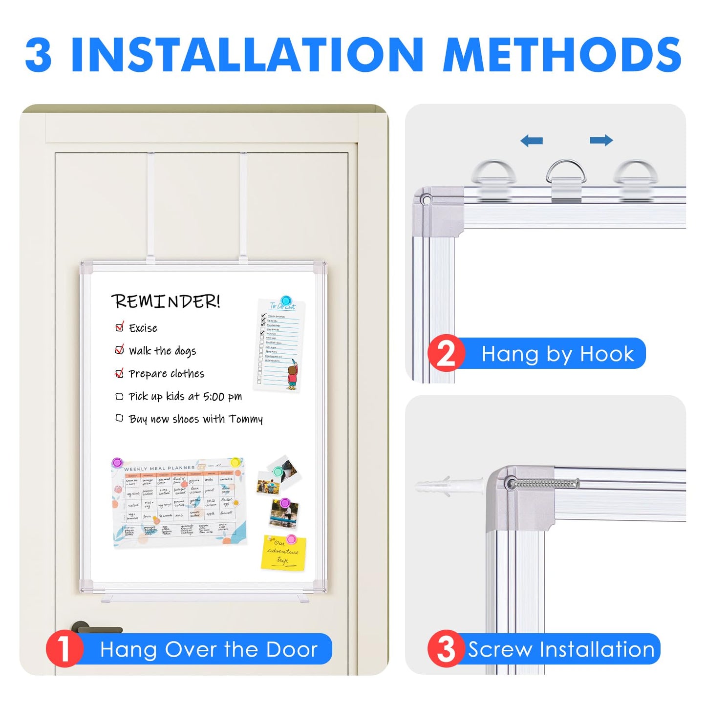 Magnetic Dry Erase Board for Doors, 30x20 Inch Whiteboard with Adjustable Long Arm Hook Mount - Easy to Install, Portable Hanging White Board for Home, Dorm Room, Office Cubicle & Small Spaces