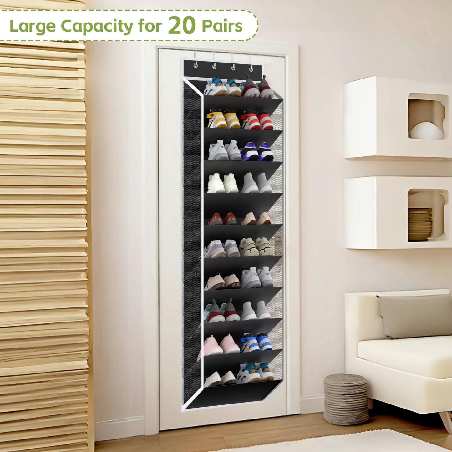KEEPJOY 10 Tiers Mesh Over Door Shoe Organizer Storage, Hanging Shoe Holder for Door with Large Deep Pockets, Fit 20-30 Pairs Shoe Rack for Sneakers, Boots(Black)