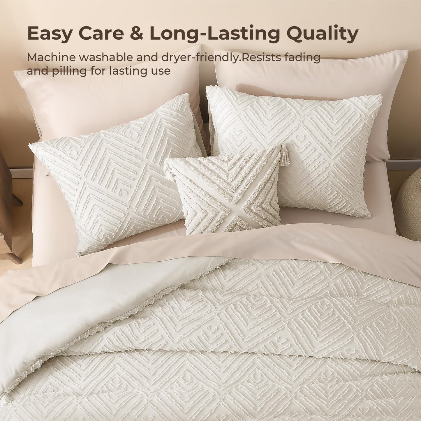 Litanika King Size Comforter Set Beige, 3 Pieces Cream Tufted Boho Farmhouse Bedding Comforter Sets, Lightweight Fluffy Comforter Bed Set for All Season (104x90In Comforter and 2 Pillowcases)