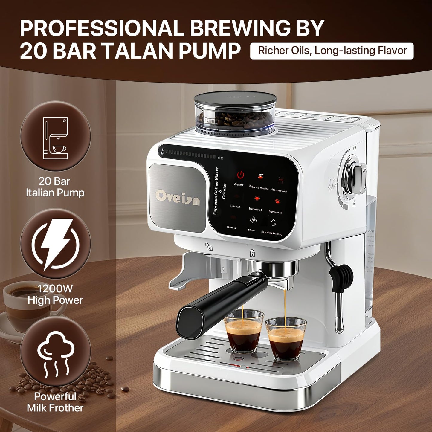 oveisn Espresso Machine Professional Home Espresso Maker Espresso Coffee Fast Heating for Cappuccino/Latte Coffee Machine for Home, Office for Latte Cappuccino-White