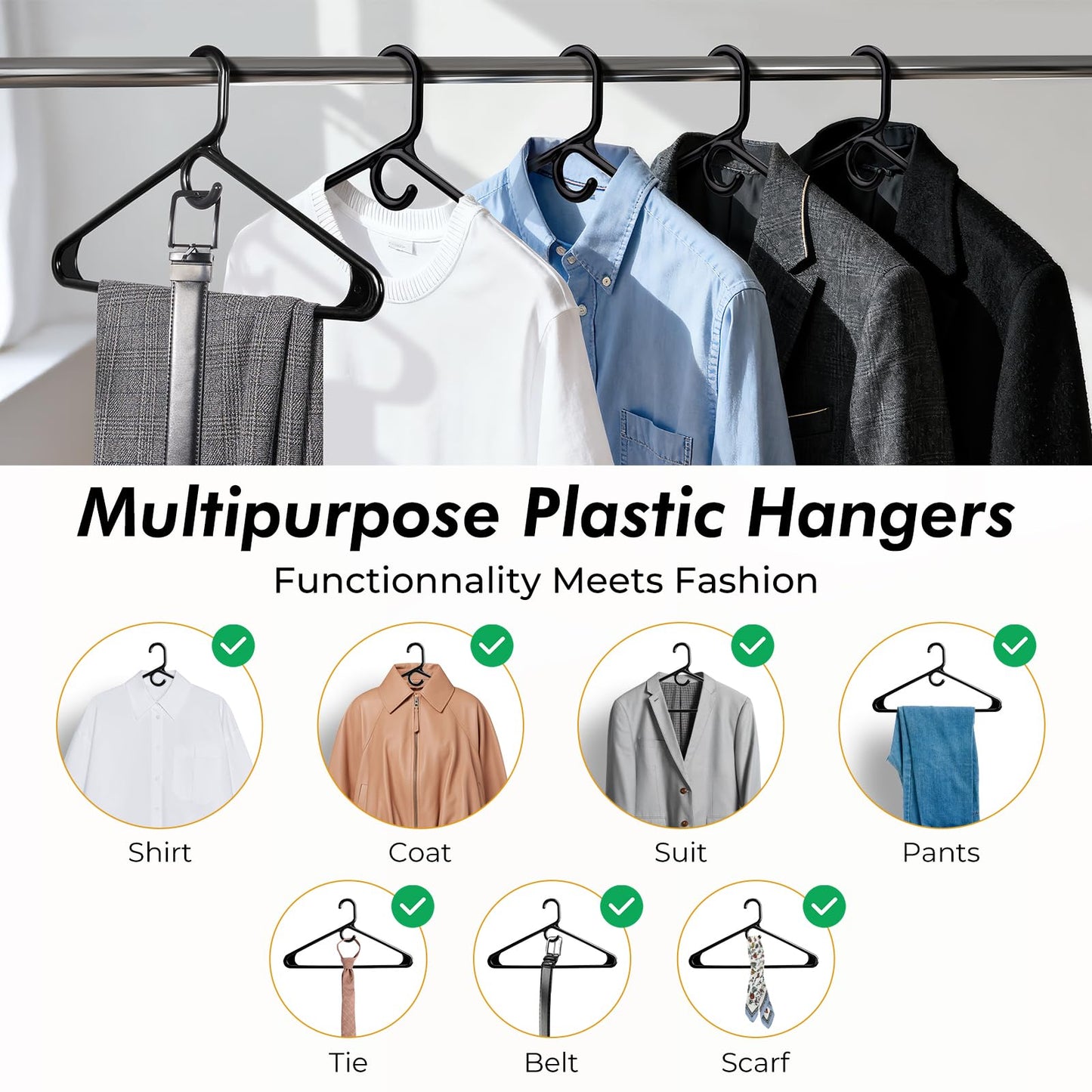 HOUSE DAY Premium Heavy Duty Plastic Hangers 38 Pack - Ultra Thick Black Clothes Hangers - 20 lb Capacity - Sturdy Hangers for Coats, Jackets, Suits & Jeans - Closet Organizer for Dorm, Apartment
