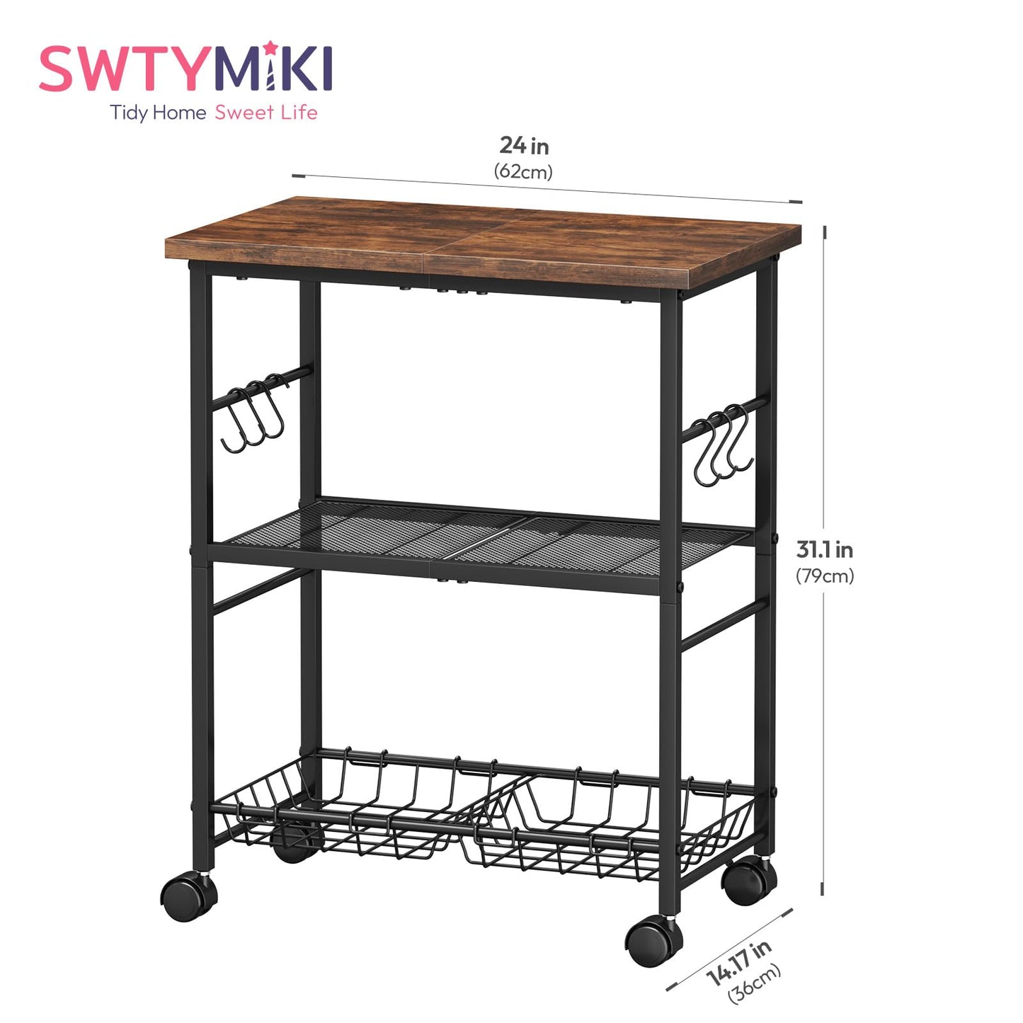 SWTYMIKI Rolling Kitchen Microwave Cart - 3 Tier Microwave Table Stand with Storage Basket and Hooks, Kitchen Utility Cart on Wheels, Coffee Cart Shelf Rack Organizer for Living Room Office, Balcony