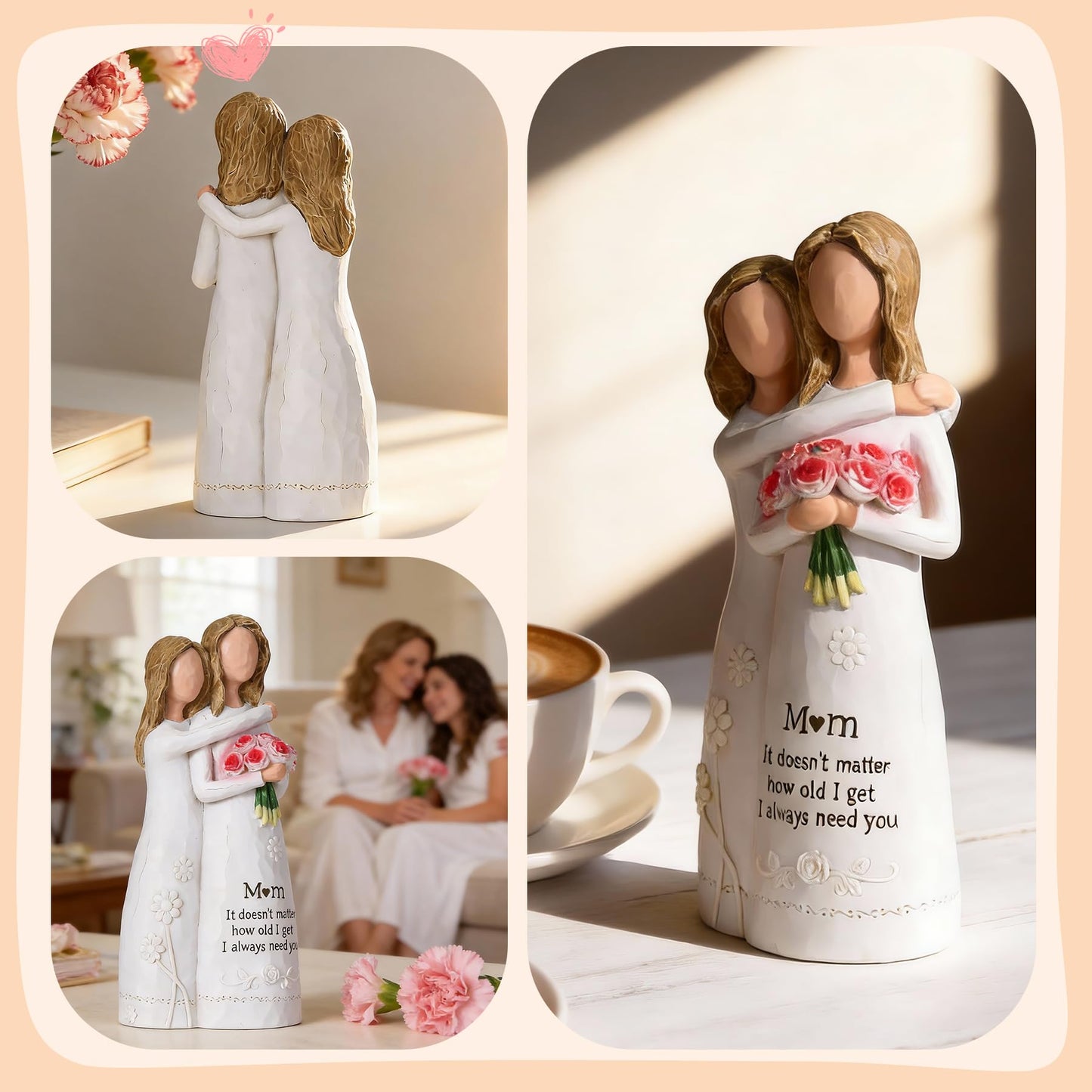 Ocosy Hand-Painted Mom Daughter Resin Figurine, Statue, Gift for Mom from Daughter, Decorative Sculpture,Red Rose