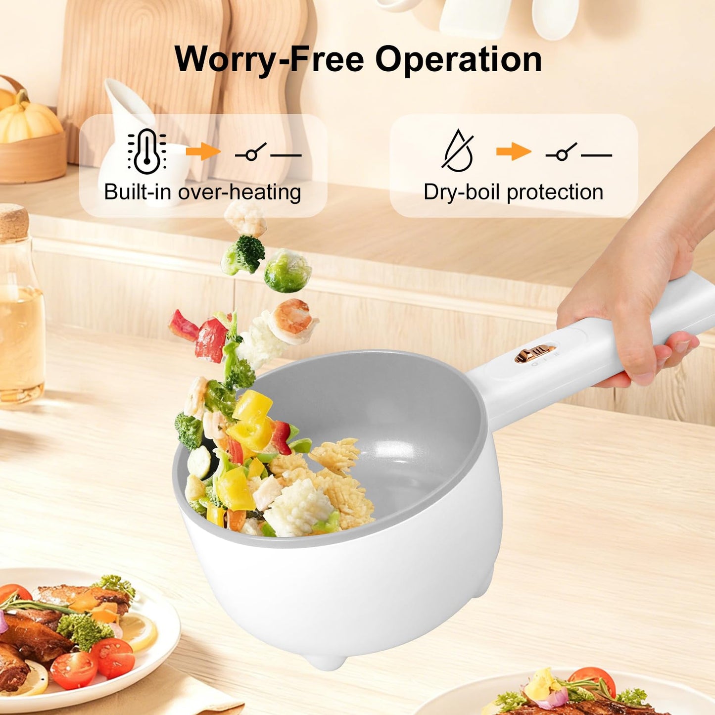 Vroyuir Electric Hot Pot 2L, 700W Portable Multi-Purpose Cooker with Dual Power Control, Non-Stick Pot for Noodles, Steak, Eggs, Ramen, Oatmeal, and More