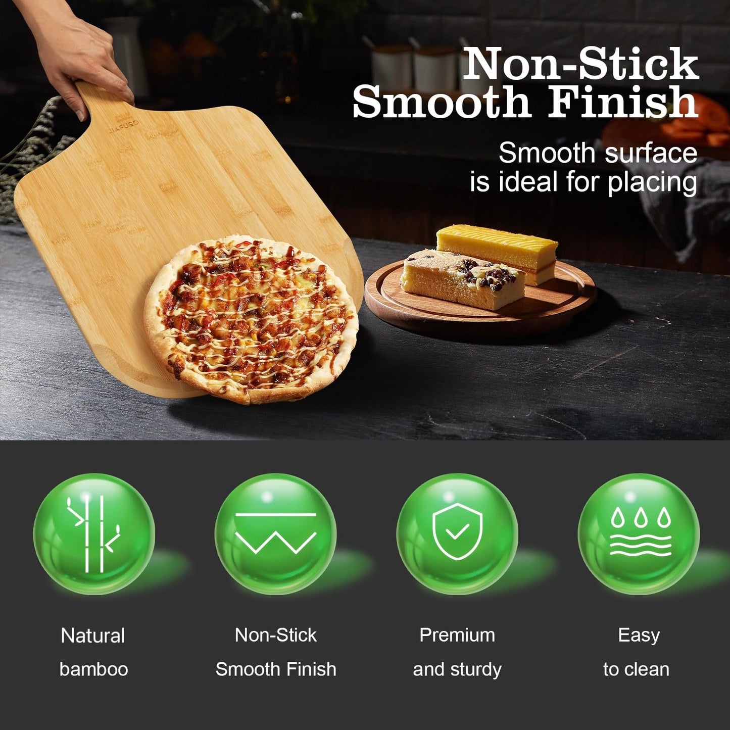 JIAFUEO Pizza Peel 14 Inch, Large Bamboo Pizza Paddle Spatula - Wooden Serving Board, Oven Accessory for Baking Homemade, Wood Cutting Board for Cheese Bread Fruit Vegetables