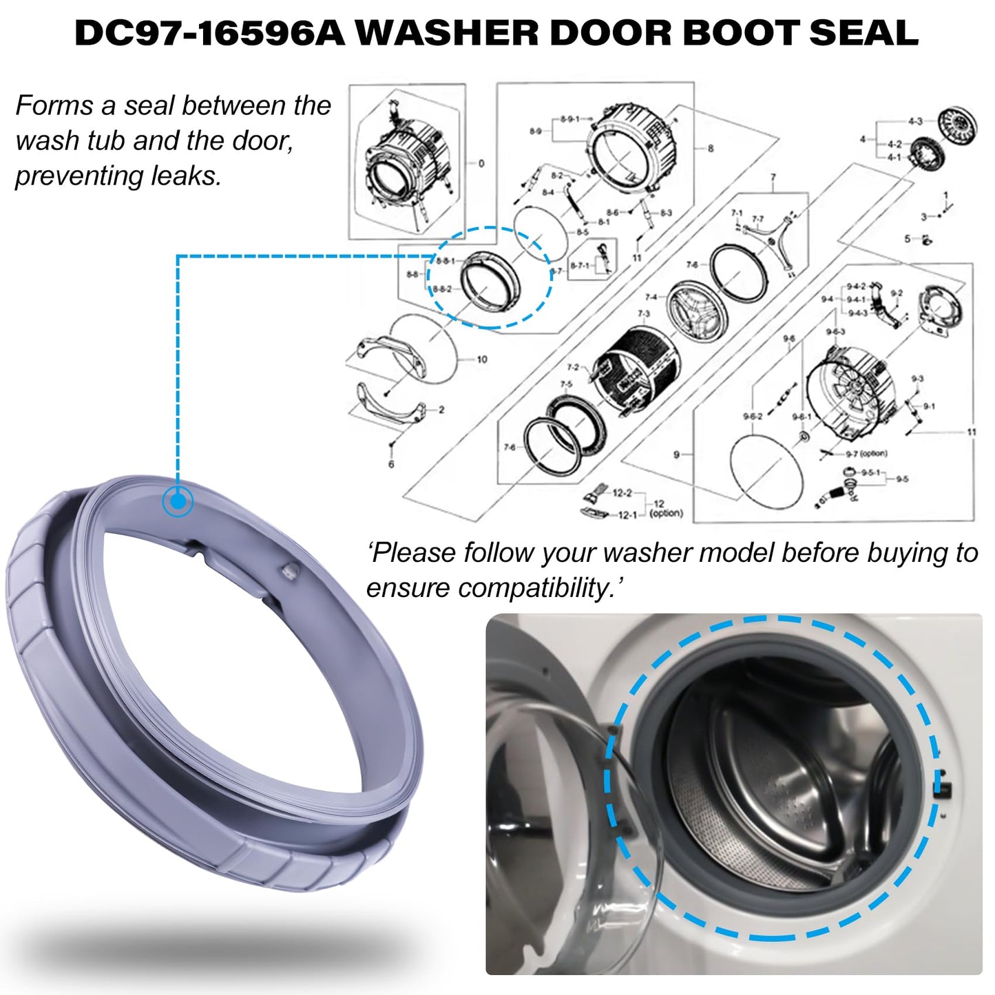 DC97-16596A Washer Door Boot Seal Gasket Diaphragm fit for Samsung Washing Machine WF361BVBEWR WF363BTBEUF WF241ANW WF36J4000AW WF365BTBGWR WF231ANW, Replace# PS4221714 2754513 AP5324179 EAP4221714