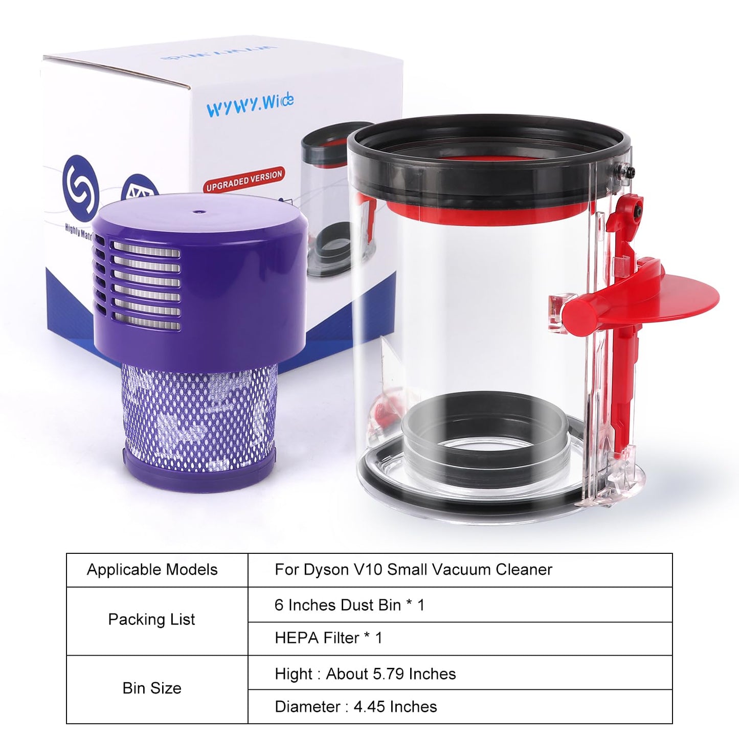 WYWY.Wide Upgraded Dust Bin Compatible with Dyson V10 Vacuum Cleaner Canister, Small Bin Replacement Compatible with Dyson V10 Part No.969509-02 with HEPA Filter