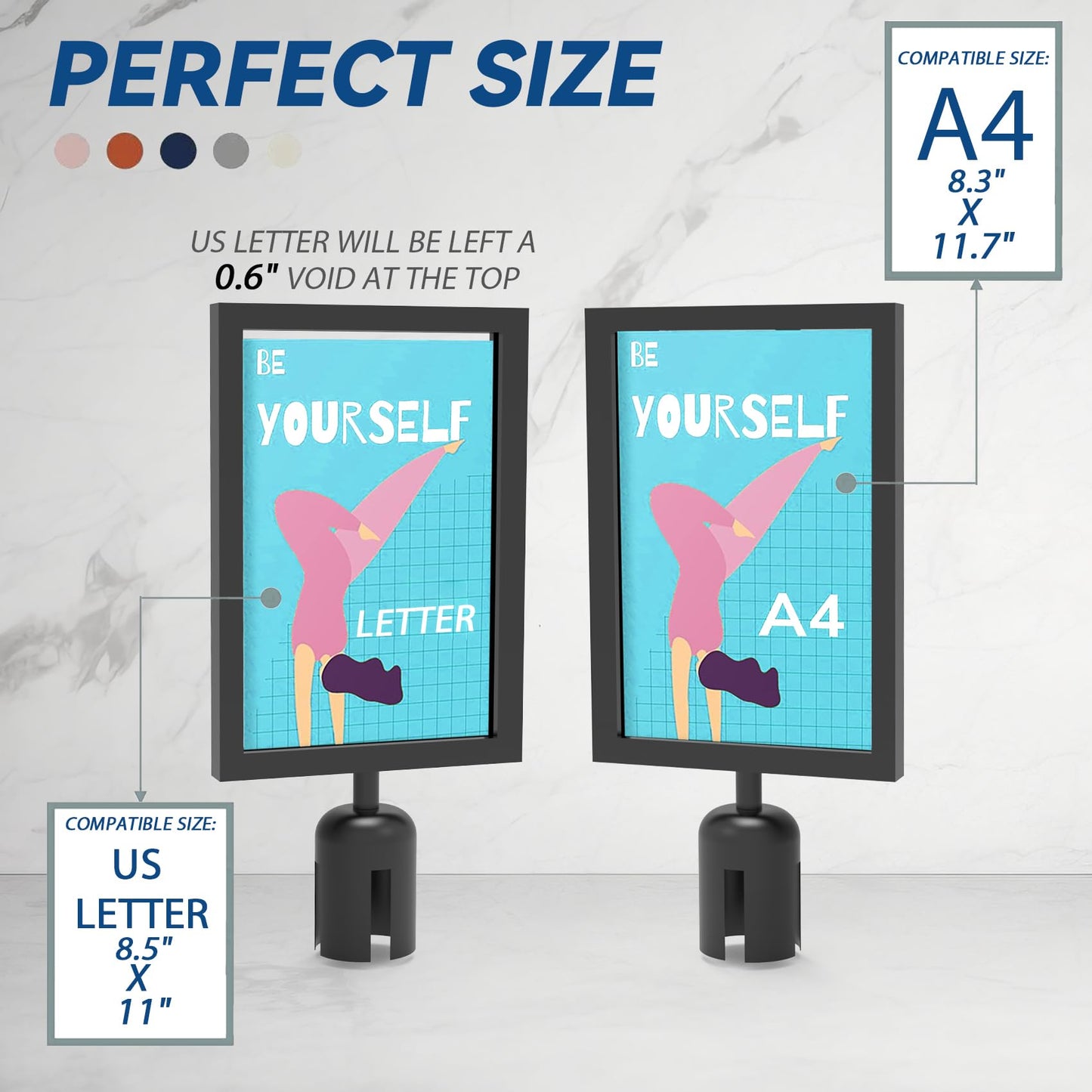 Estleys 4 Pcs Stanchion Sign Holder 8.3 x 11.7, Portrait Post Top Stand Poster Display, Double Sided Sign Frame with Cover for Crowd Control Queue Barrier Sentry Stanchions Black Iron