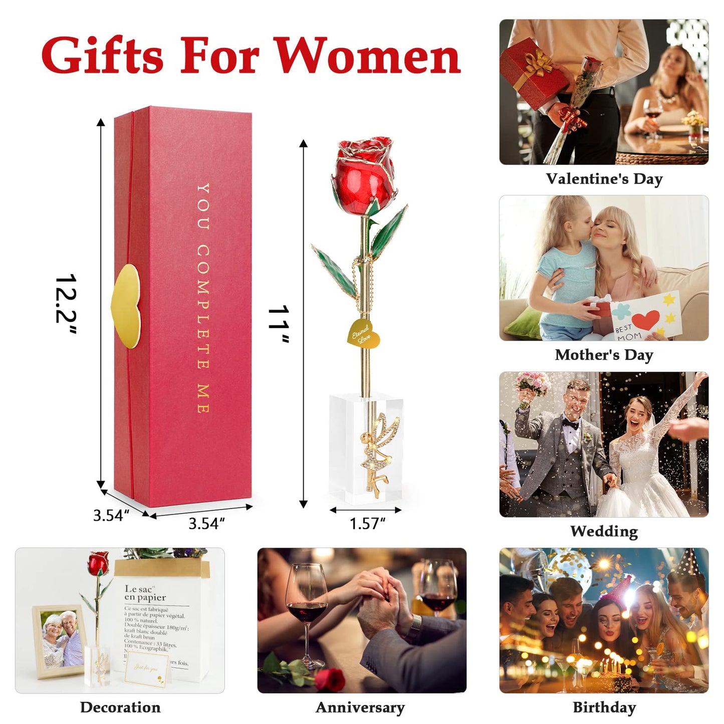ihoomee Mothers Day Gifts Real Rose Dipped 24K Gold,Best Mothers Day Gifts for Mom Women,Forever 24k Rose with Crystal Stand-Red