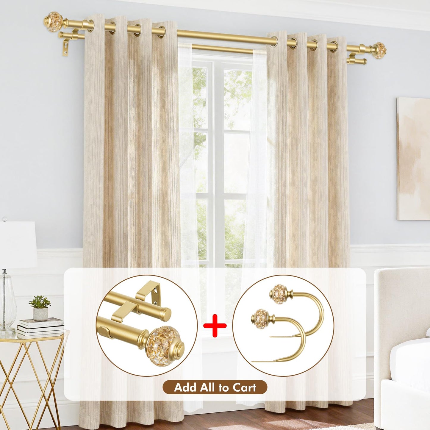 1 Inch Luxury Gold Double Curtain Rods for Windows 66 to 120 Inches(5.5-10ft), USFOOK Adjustable Heavy Duty Drapery Rods, Telescoping Dual Curtain Rod with Translucent Finials, Wall Mounted