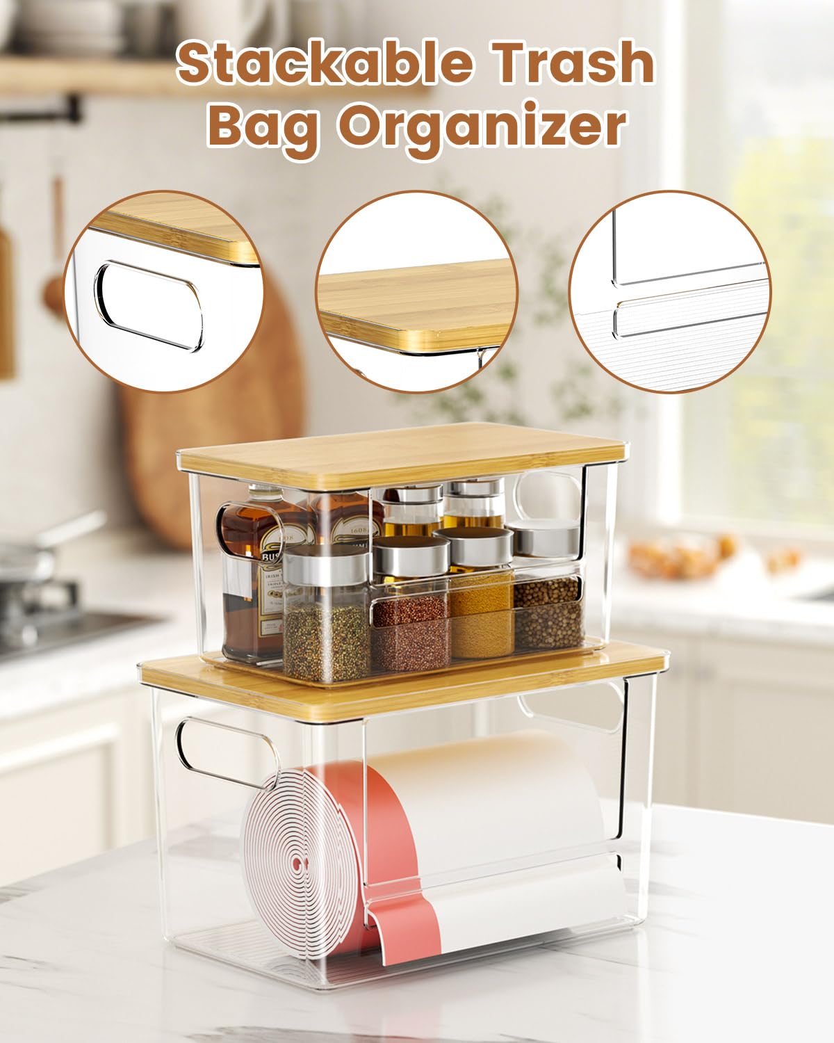 Trash Bag Dispenser 2 Pack, Stackable Trash Bag Holder with Bamboo Lid – Clear Plastic Garbage Bag Organizer for 4-33 Gal Bags, Space-Saving Under Sink Organizer for Kitchen, Laundry, Pantry