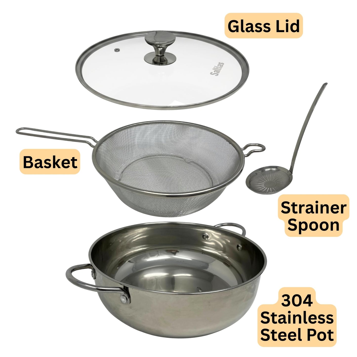Saltlas 4.4Qt/4.2L Deep Fryer Pot with Basket and Strainer Spoon, 304 Stainless Steel Fish Frying Pot for Seafood, Chicken, French Fries, Japanese Tempura