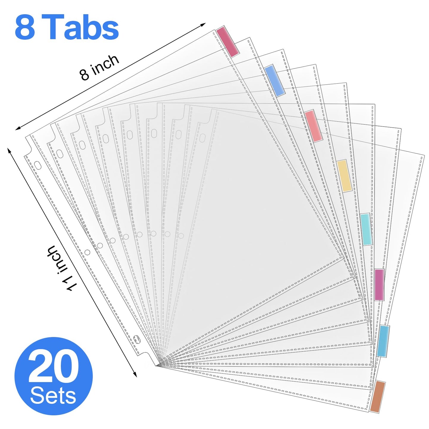 ReliThick 20 Set of 160 Pack Clear Sheet Protectors for 3 Ring Binder with 8 Tab Divider, Letter Size 8.5 x 11 Inch Plastic Sleeves Page Protector for Documents Photos School Office Home Organization