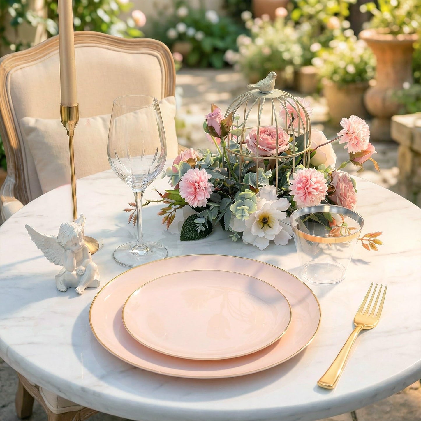 WDF 300Pcs Pink Plates Disposable - Pink and Gold Plastic Dinnerware Set for 50 Guests Include 50 Dinner & Cake Plates & 50 Disposable Cutlery & 50 9oz Cups for Wedding/Baby Shower/Birthday
