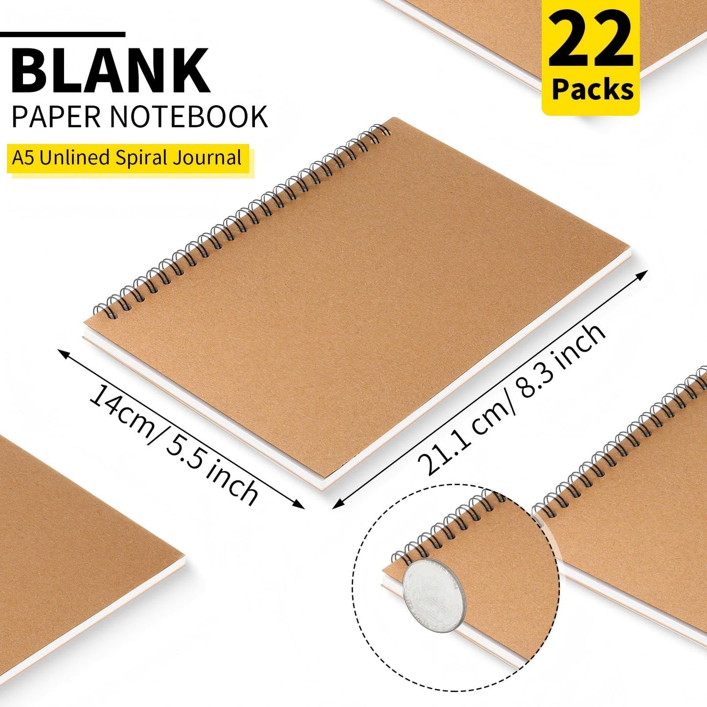 Epakh 22 Pack Spiral Notebooks A5 Bulk Back to School Hardcover Spiral Journal Notebook 5.5 x 8.3 Inch, First Day of School Journal Paper Notebook for Writing, 50 Sheets 100 Page (Unlined,Brown)