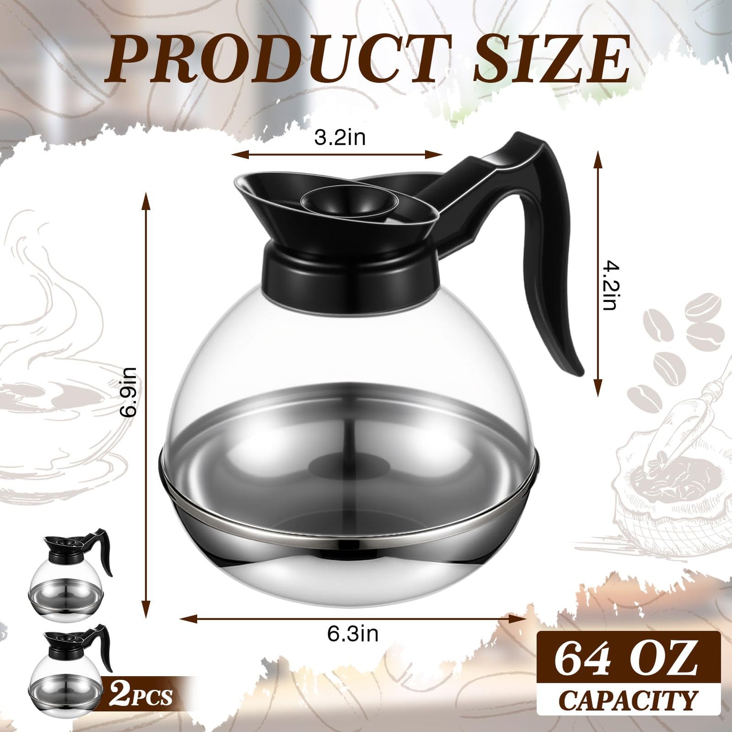 Ferrochef 2 Pcs Plastic Coffee Decanter 64oz Large Capacity Stainless Steel with Polycarbonate Body, Comfortable Handle for Home Office Coffee Shop