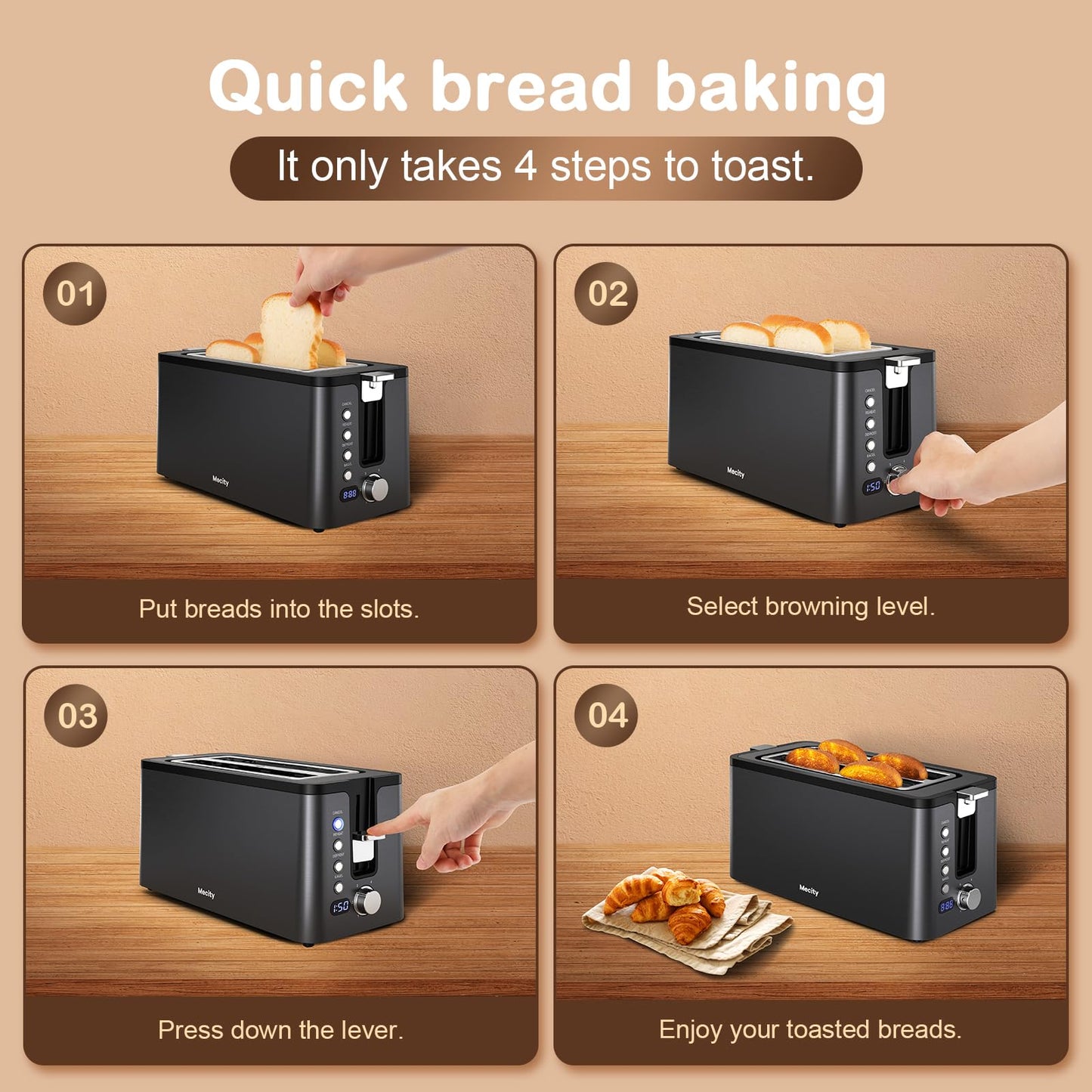 Mecity 4 Slice Toaster, Long Slot Toaster with Timer, Bagel, Defrost, Reheat, Cancel Functions, Warming Rack, Removable Tray, 6 Browning Settings, Extra Wide Slots, Stainless Steel, 1300W