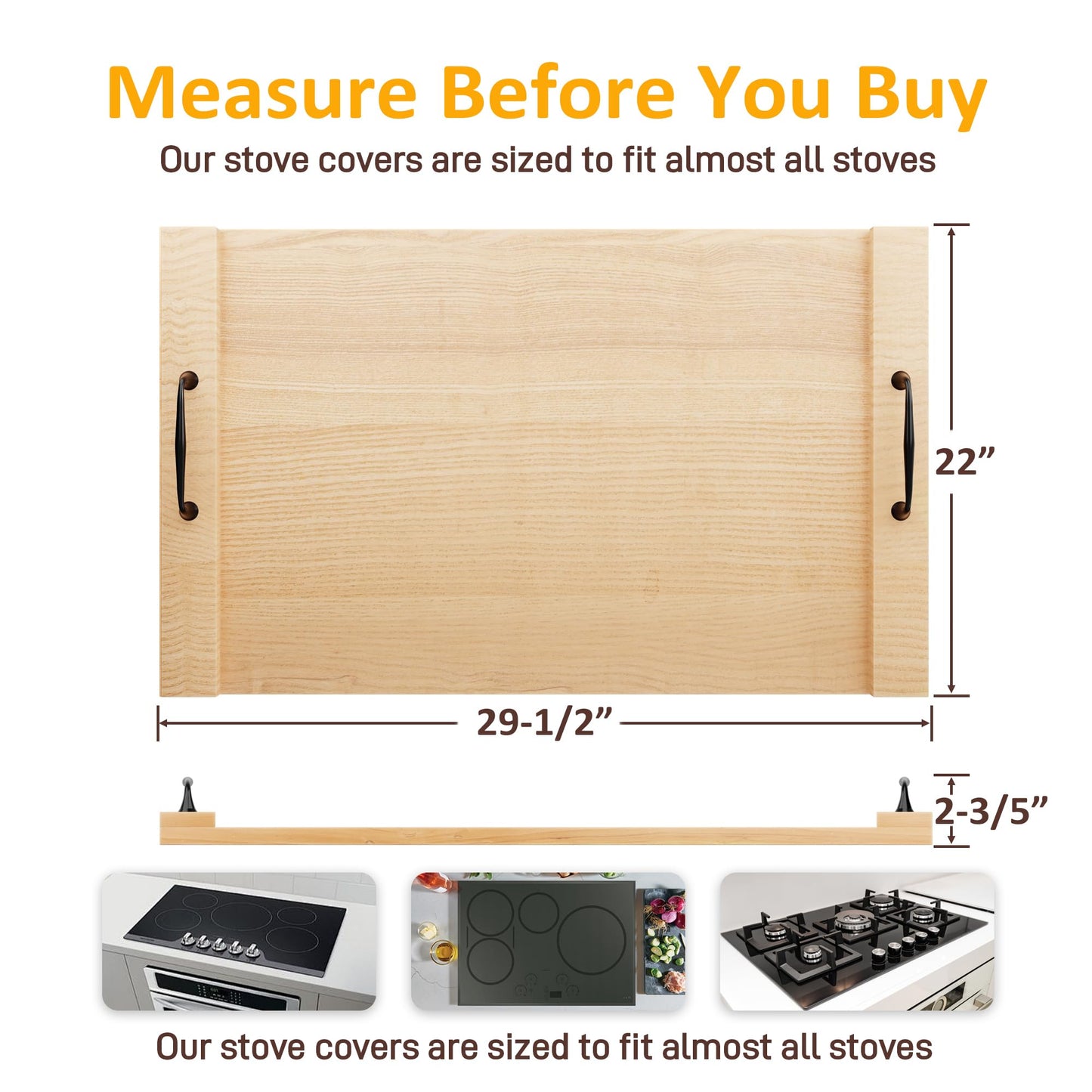 Sevenjungle Noodle Board Stove Cover, Wooden Stovetop Cover with Non-Slip Feet, Handle & Raised Lip, Extra Counter Space for Kitchen (29.5” x 22” Natutal)