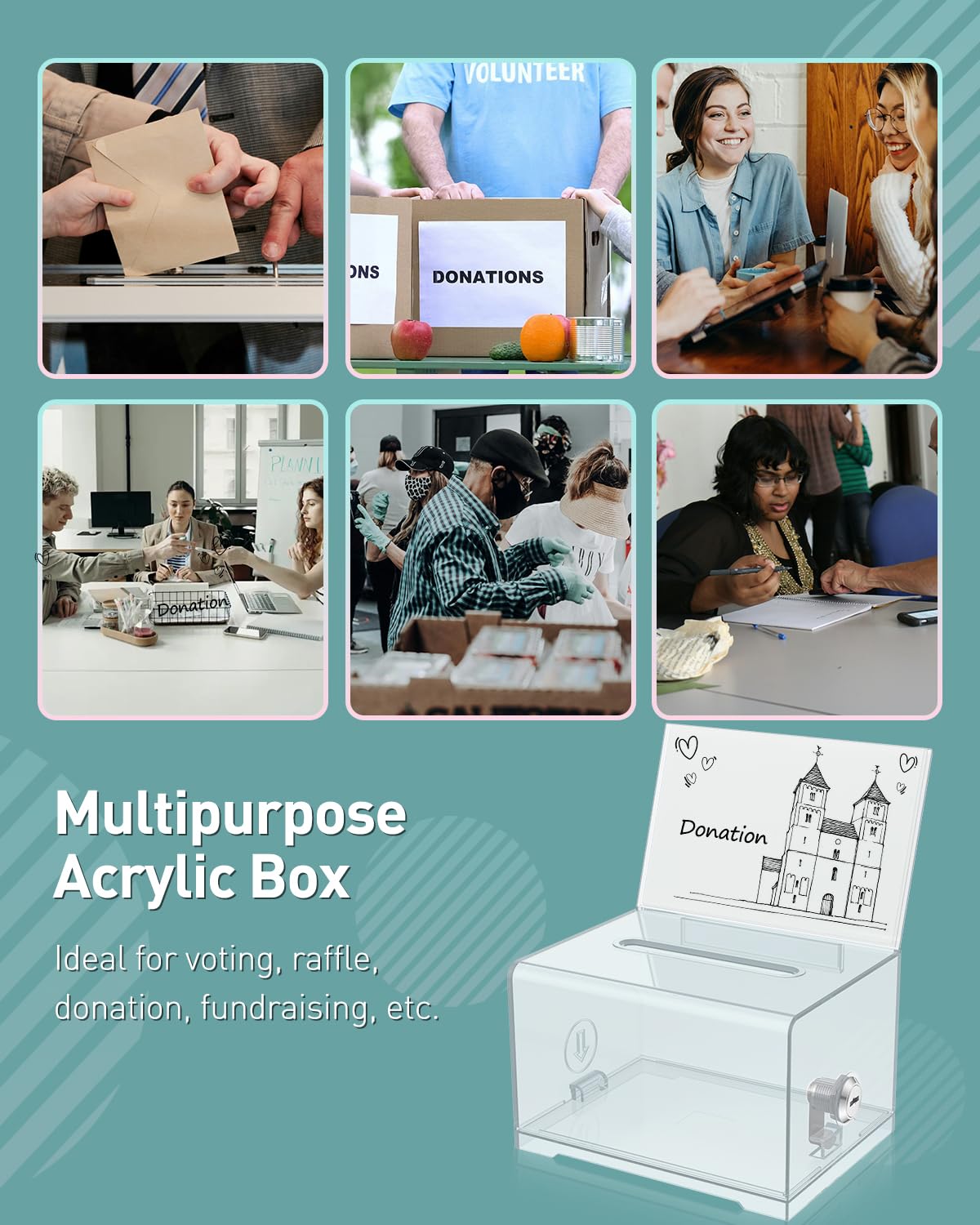 Uniclife 4 Pack Acrylic Donation Box with Lock and Sign Holder 6.2" x 4.7" x 4" Ballot Boxes with Slot Clear Plastic Suggestion Box Storage Container for Fundraising Voting Charity Tip Collection