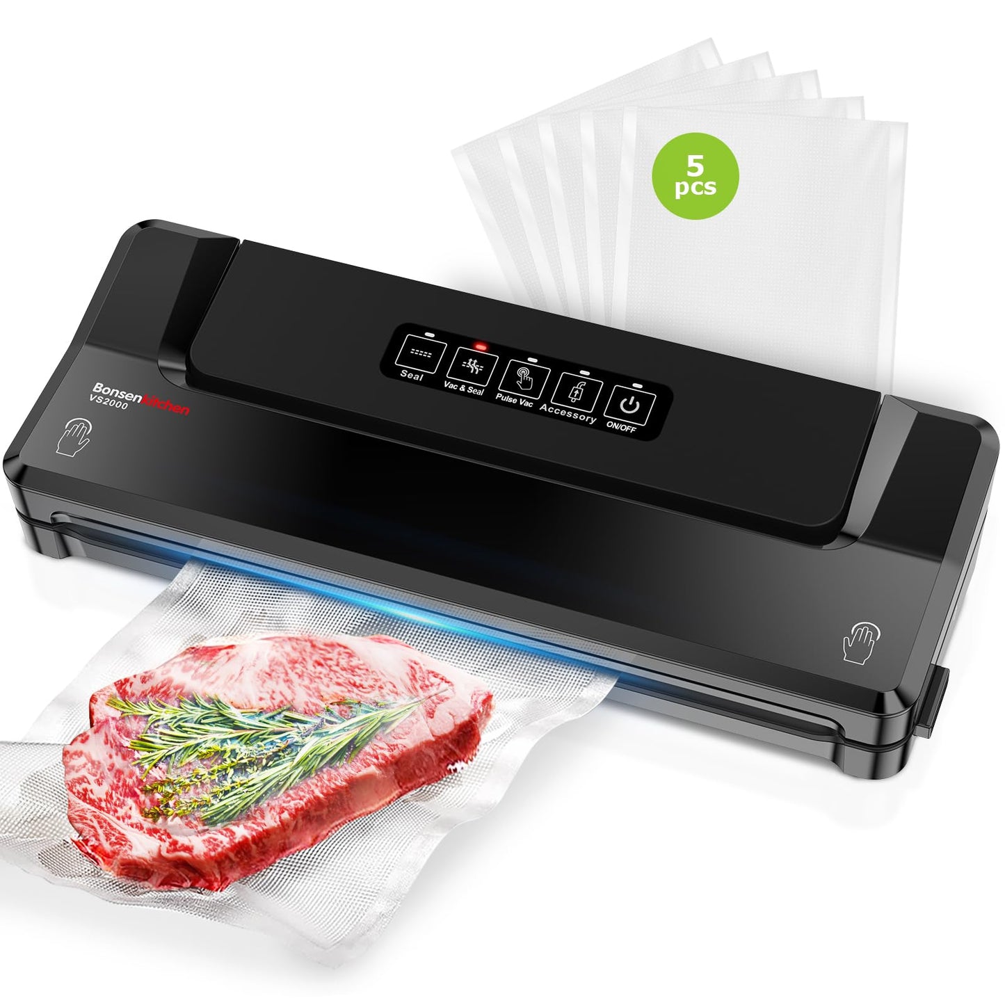 Bonsenkitchen Vacuum Sealer Machine | Compact Food Sealer for Kitchen Storage & Meal Prep | Multiple Modes | External Vacuum System | 5 Bags, Black