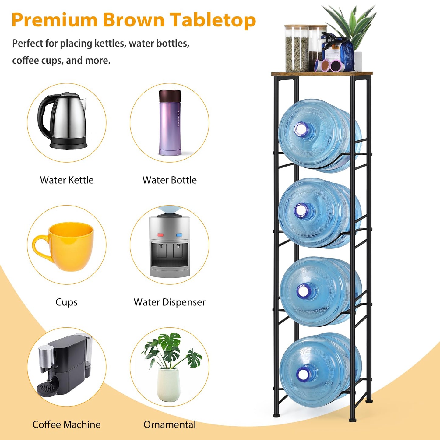 Vrisa 5 Gallon Water Jug Holder 4-Tier Water Bottle Holder Water Jug Stand with Storage Shelf Water 3/5 Gallon Rack Organizer for Home Office, Rustic Brown