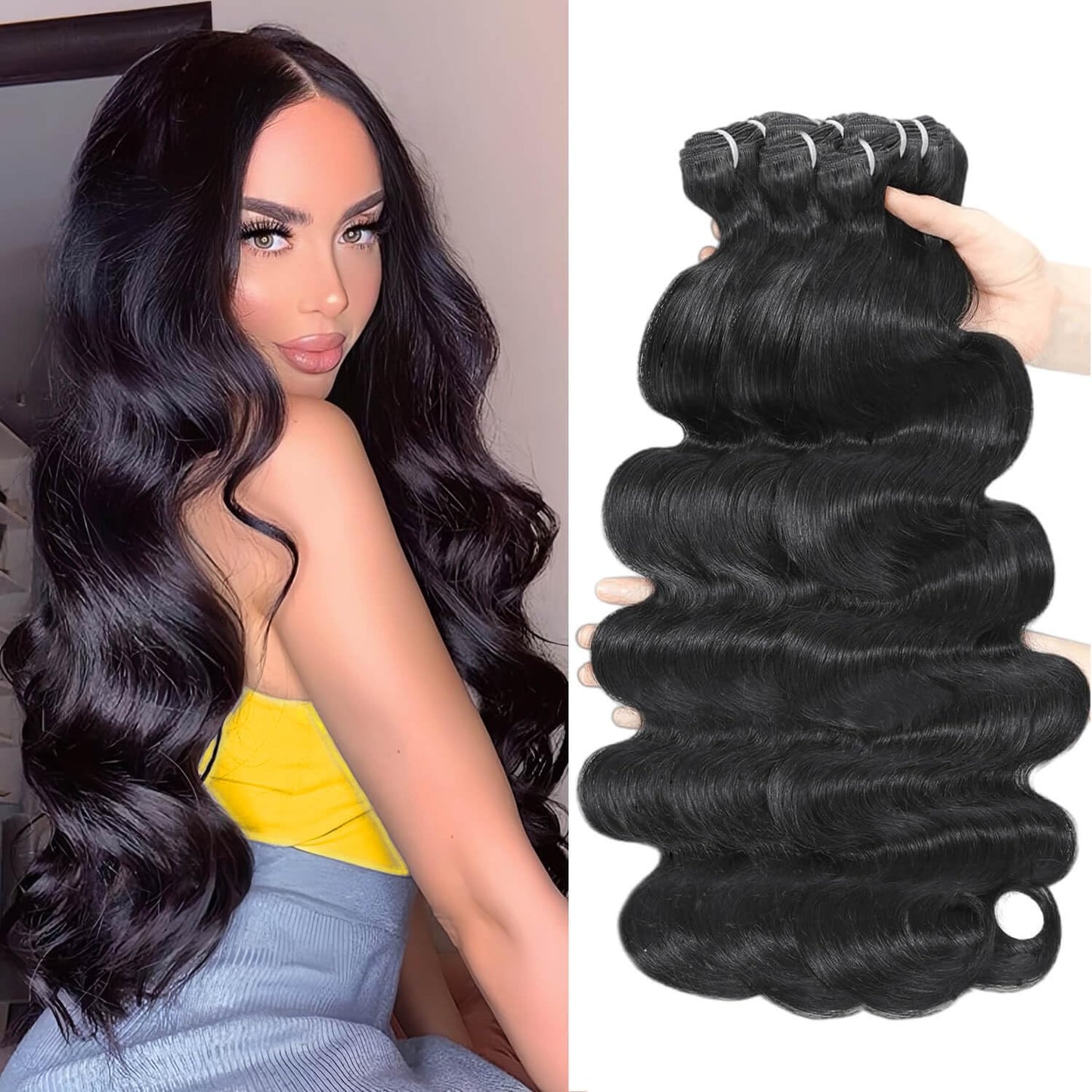 12A 16 18 20 22 Inch Human Hair Bundles Body Wave Bundles Human Hair Thick 4 Bundles 100% Unprocessed Virgin Human Hair Quick Weave Real Human Hair Extensions Natural Black for Women