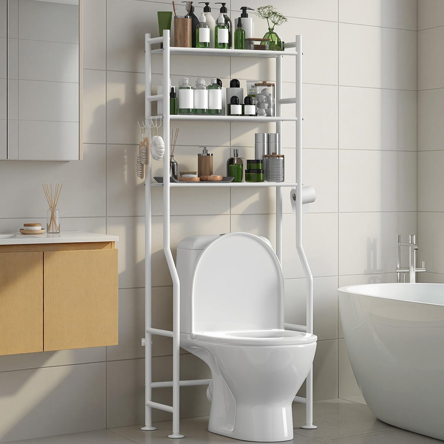 AriseWork 3-Tier Over The Toilet Storage Organizer, Space-Saving Bathroom Rack with Paper Holder & 4 Hooks, 64" Tall Freestanding Carbon Steel Shelf for Small Apartment Laundry Room (White)