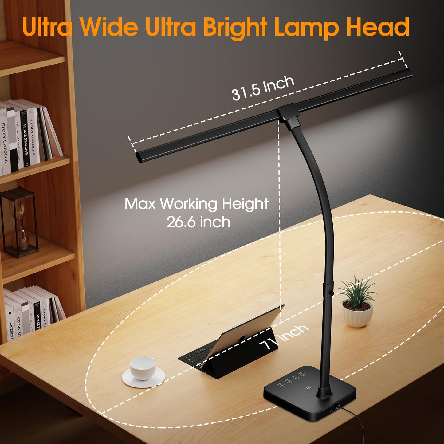 ShineTech LED Desk Lamp for Home Office, 24W Double Head Desk Light with Wireless Charging, USB Port, 25 Lighting Modes Adjustable Lamps