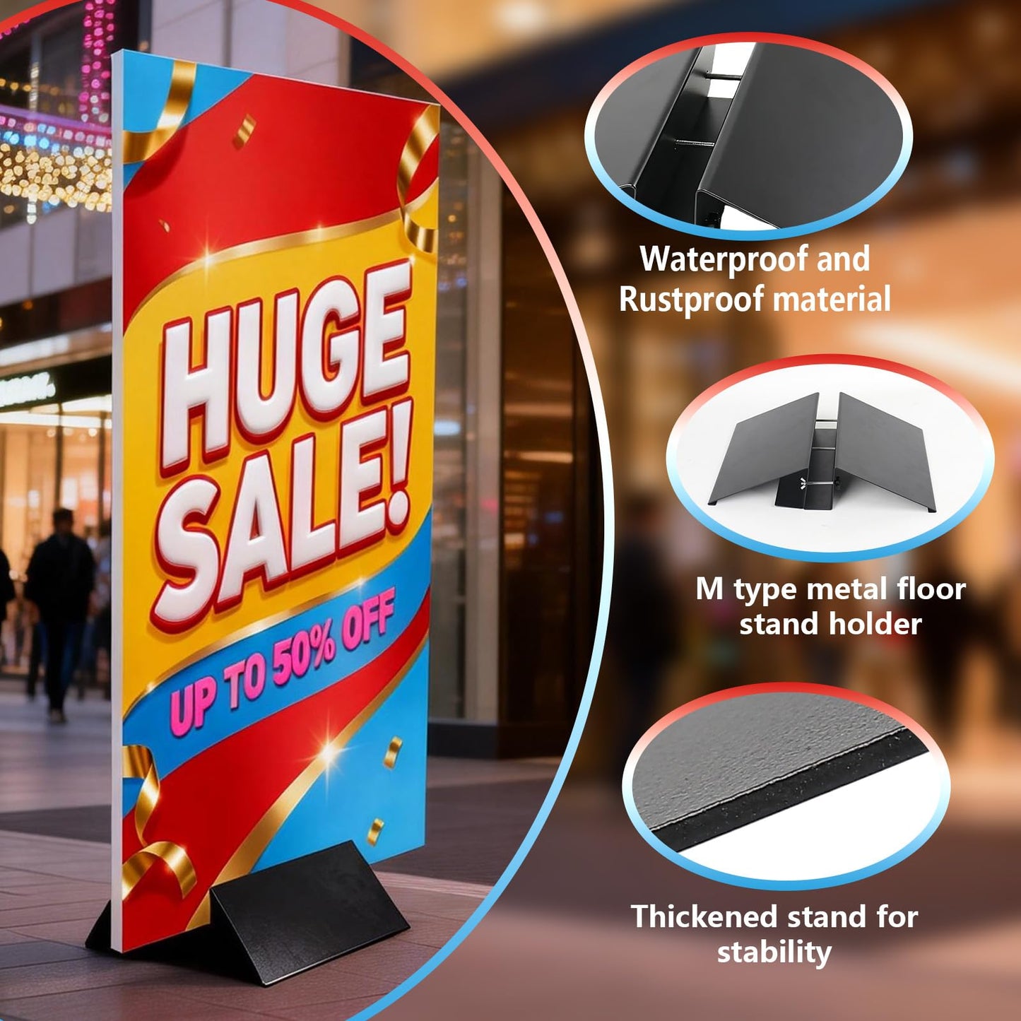 Chiliqi 1 Pcs Metal Floor Sign Stand Holder, Adjustable Floor Standing Display Stand for Outdoor Indoor Use, Stand Metal Base Only Fits 12" Wide Acrylic Glass Foam Board Signs up to 72" High