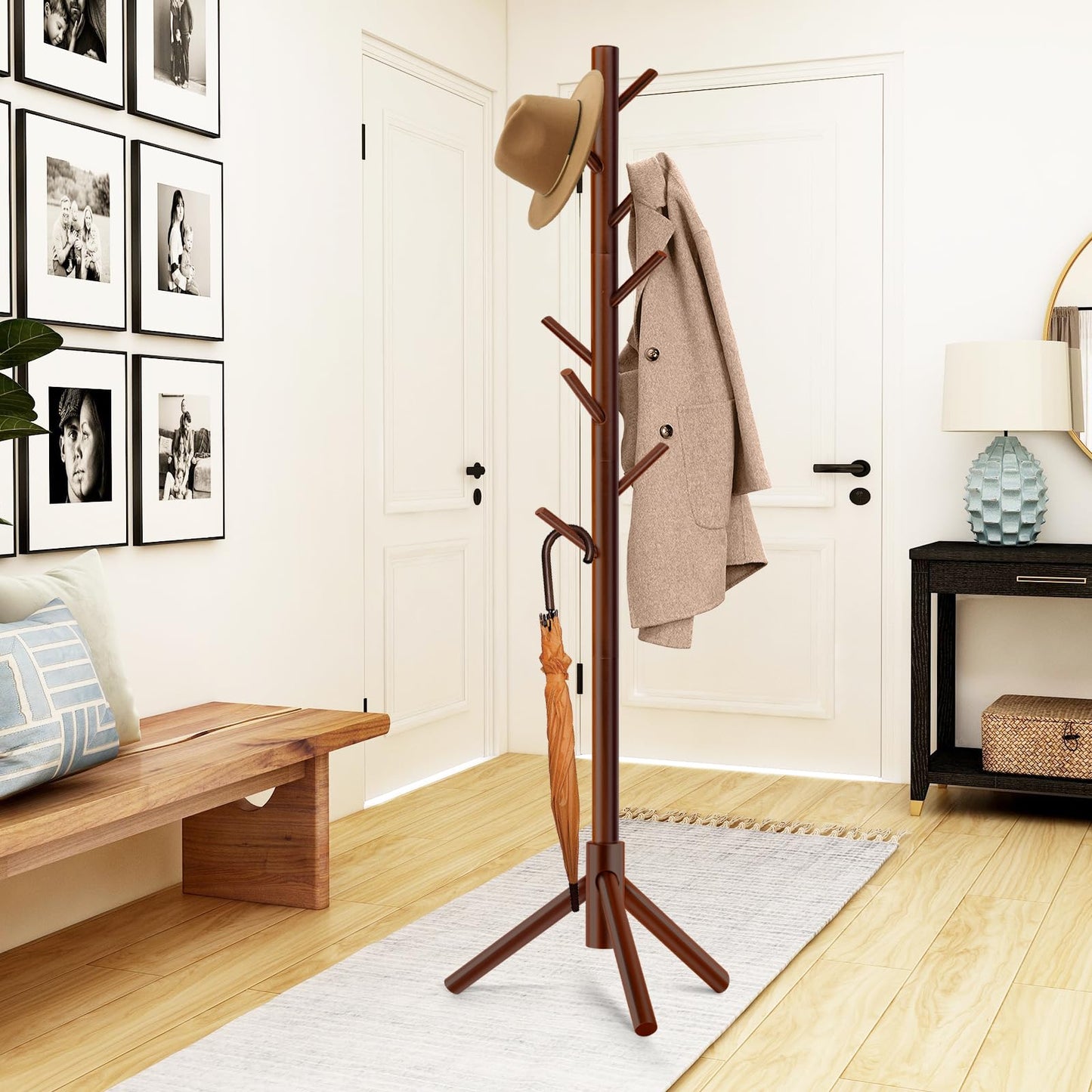 WANGMUXIA 2 PCS Coat Rack, Freestanding Coat Rack with 8 Hooks and 3 Adjustable Size Tree Coat Racks for Bedroom, Hallway, Entrance, Office, for Hats, Coats, Scarves, Handbags