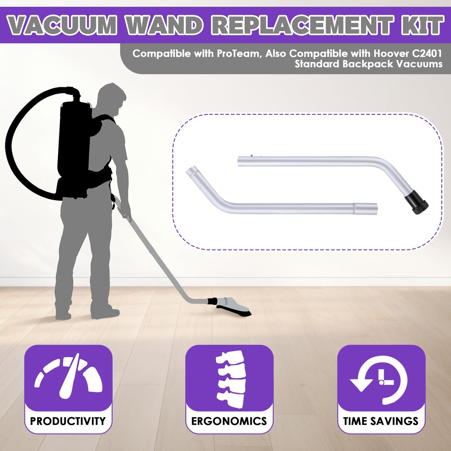 HappyAlley 1 Pack Vacuum Wand Replacement, 2 Piece Aluminum S-Wand Compatible with Proteam Backpack, Commercial Vacuum Parts & Accessories, Also Compatible with Hoover Backpack C2401, Fit 1.5'' Hole
