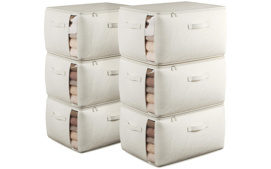TomVista Large Canvas Clothes Storage Bags with Thick Handles and Clear Window, Foldable Cotton Linen Closet Organizer for Clothing, Blankets and Bedding, 70L, 6 Pack, Beige