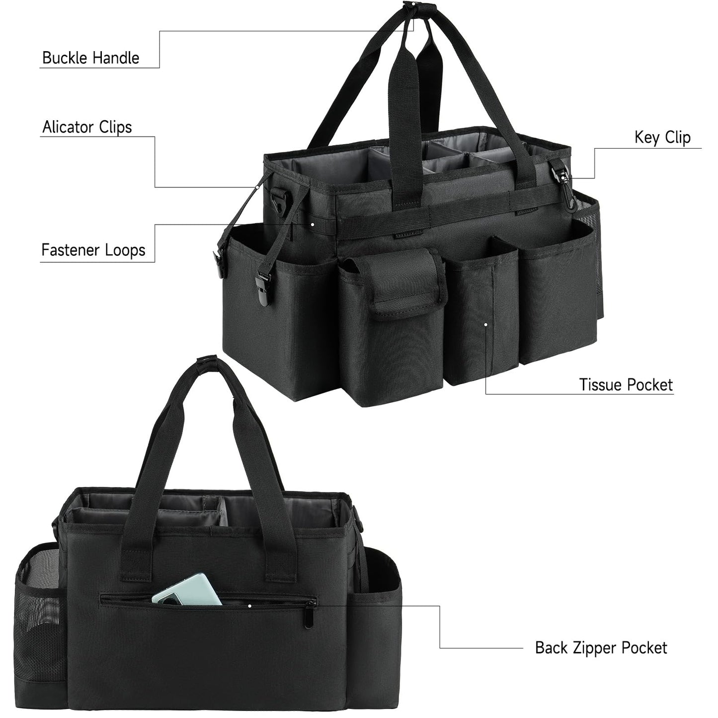 ZIOZERTT Cleaning Caddy,Cleaning Bag for Housekeepers,Cleaning Supplies Organizer with Handle,Black