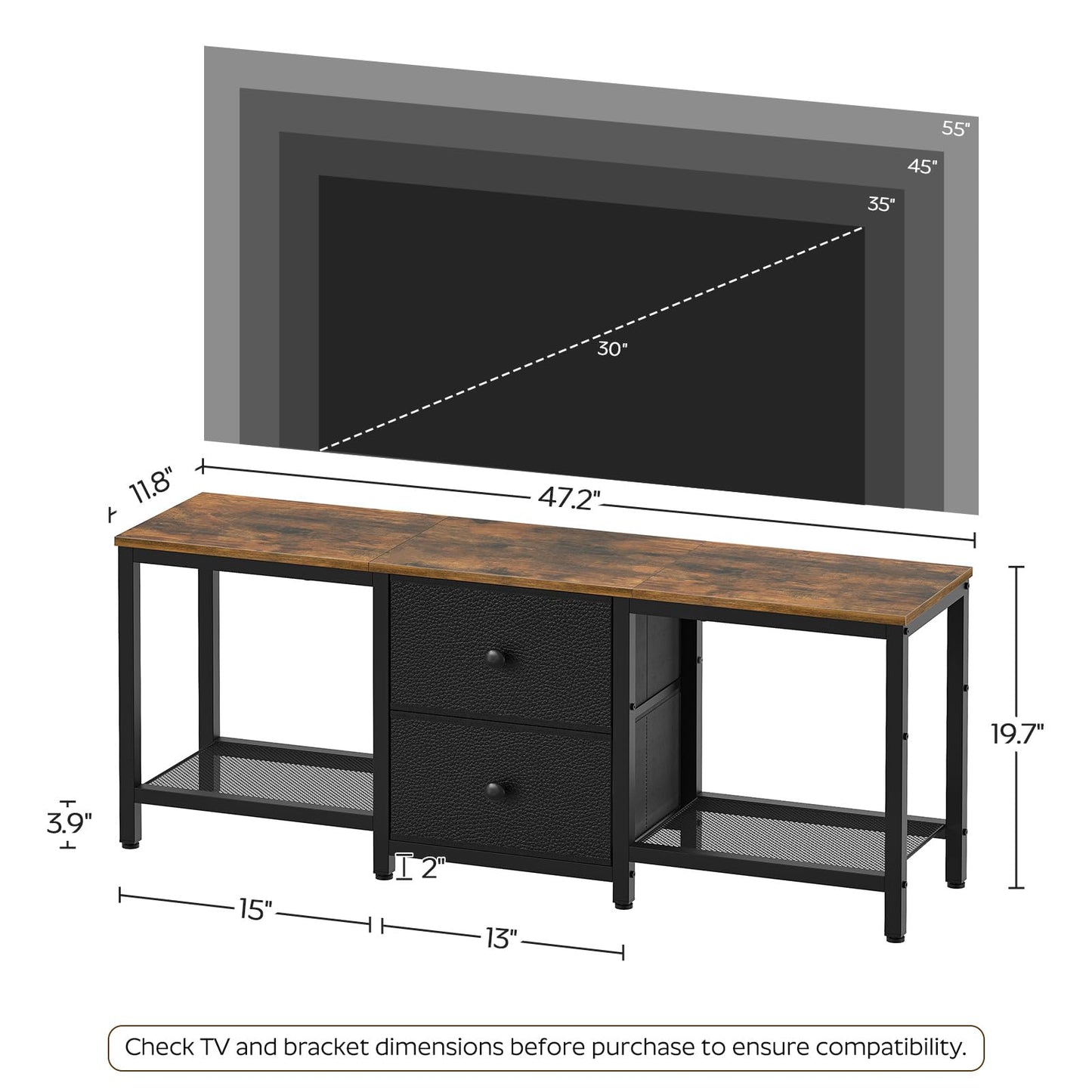 YATINEY TV Stand for TVs up to 55", Entertainment Center with 2 Fabric Drawer, Media Console with Shelves, Television Stands for Living Room, Bedroom, Rustic Brown and Black DS02BR