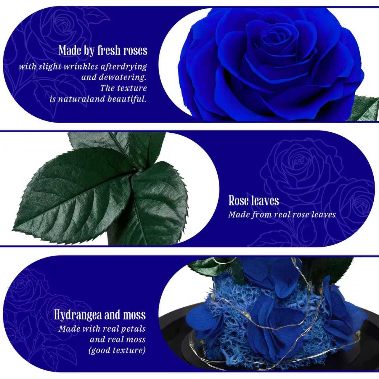 Vryblos 3 Preserved Flowers Roses in Glass Dome for Beauty and The Beast Decor Real Rosas Eternas for Women Mom Birthday,Forever Blue Roses for Delivery,Christmas for Wife Girlfriend Her