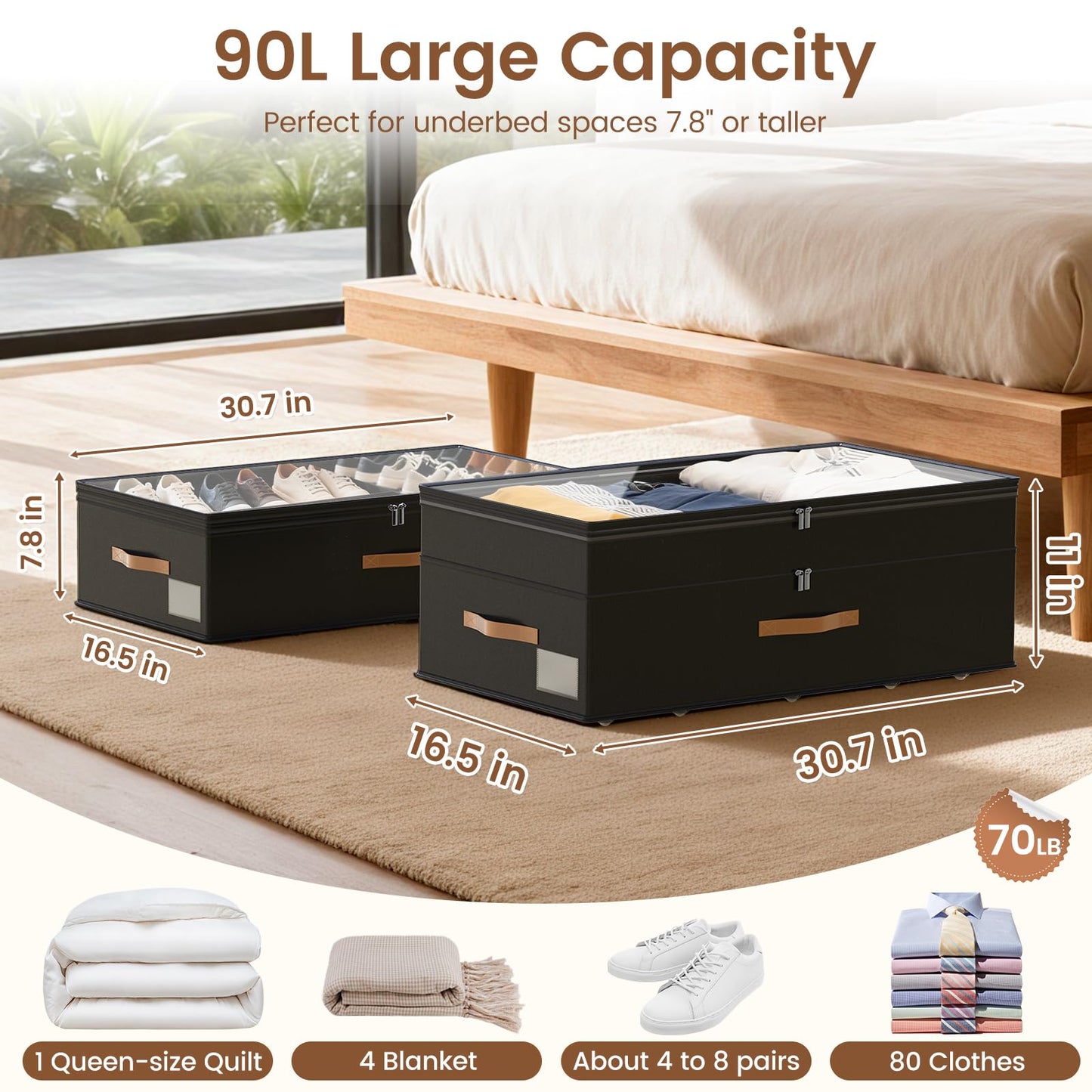 Under Bed Storage with Wheels, 2-Pack Underbed Storage Containers, No Assemble 11 inches 90L XXL Large Adjustable Storage Bins with Clear Lids, Rolling Storage for Clothes, Shoes, Blankets, Black