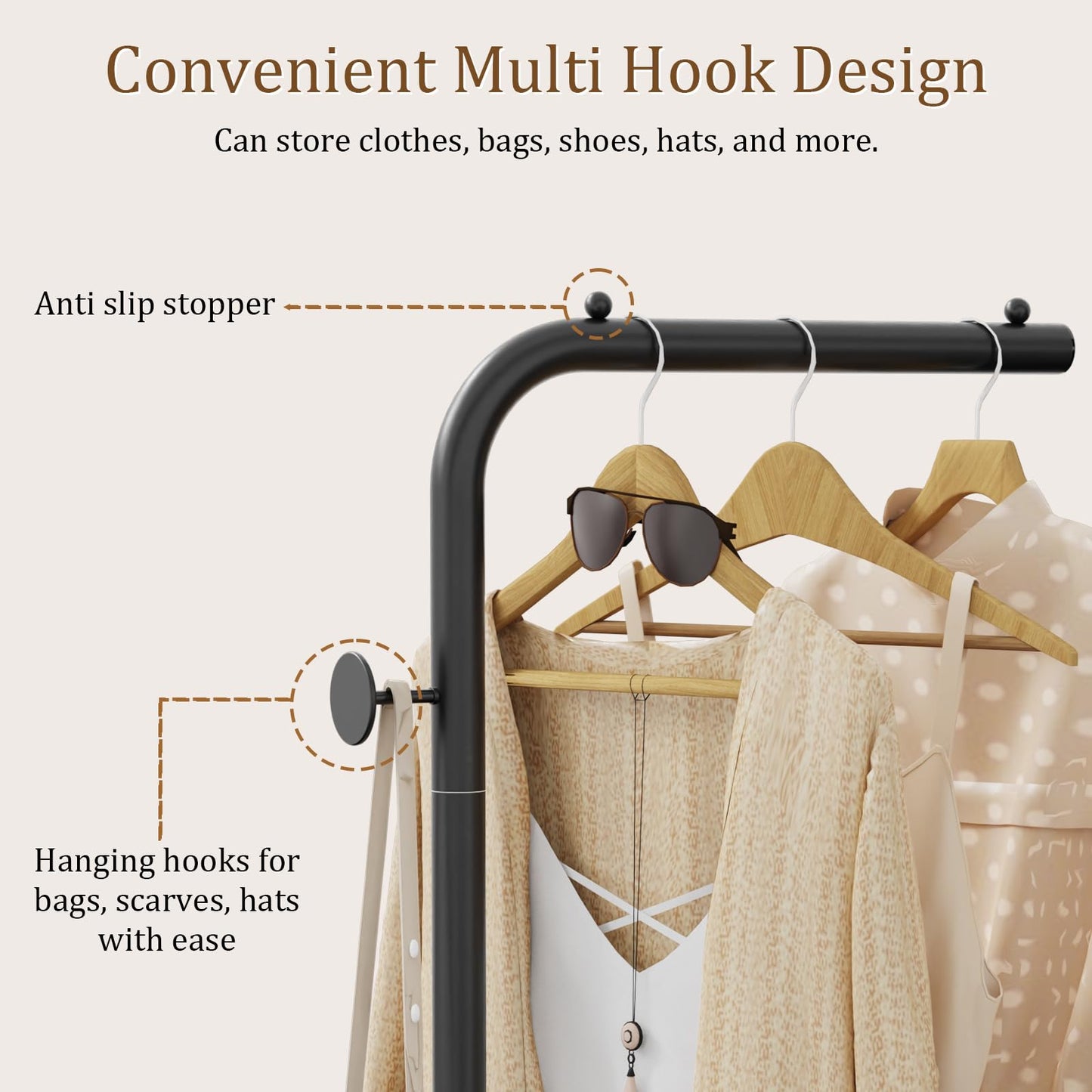 OUTBROS Coat Rack, Portable L-shaped Clothes Rack with Hook, Modern Hanger, Sturdy Freestanding Metal Clothing Rack, Used in Bedroom, Entrance and Living Room, 15.3x10.2x70.8 inch, Black