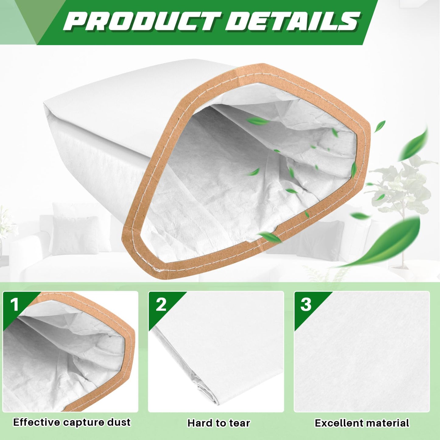 Therwen 30 Pcs Micro Filter Bags Replacement Compatible with Proteam 107314 6 Qt Cleaner Backpack Vacuum Cleaner Open Triangular Collar, White