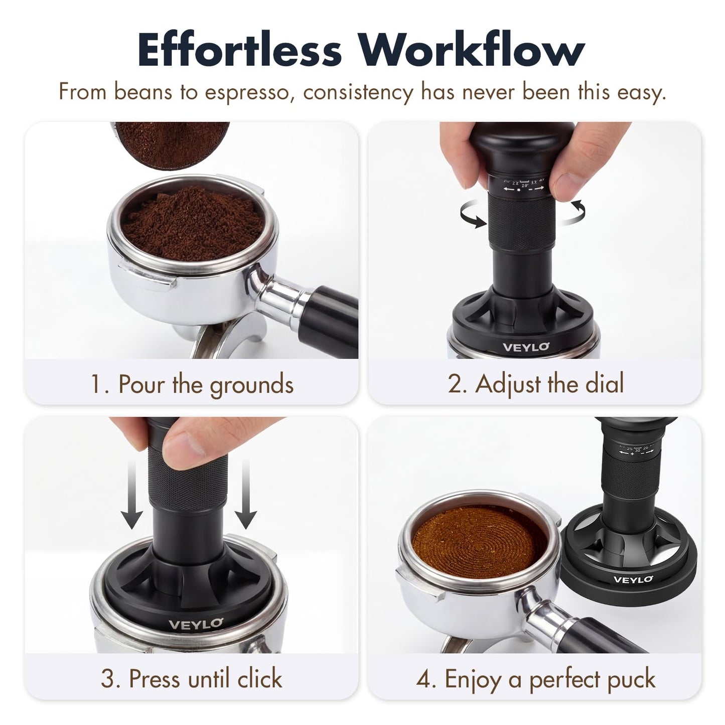 VEYLO 54mm Espresso Tamper (53.3mm Base), Adjustable 20-30 lb Coffee Tamper with Audible Click Feedback, 24-Click Precision Dial, 20/25/30 lb Marks, No Spring Swap, Stainless Steel Flat Base, Black