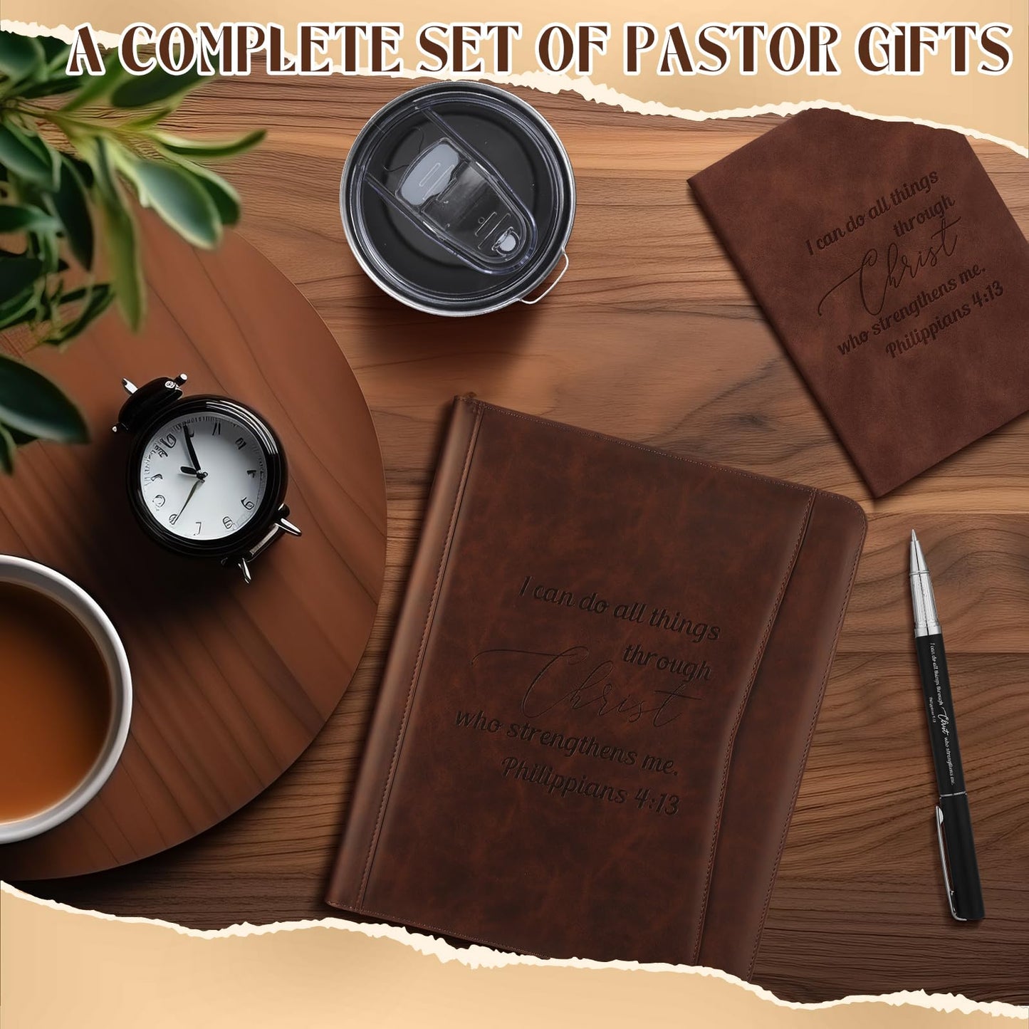 Sieral 8 Pcs Christian Gifts for Men Pastor Appreciation Gifts Leather Portfolio Journal Bible Scripture Keychain Pen Notebook Bookmarks for Fathers Day Dad Husband Grandpa Coworker Church Birthday