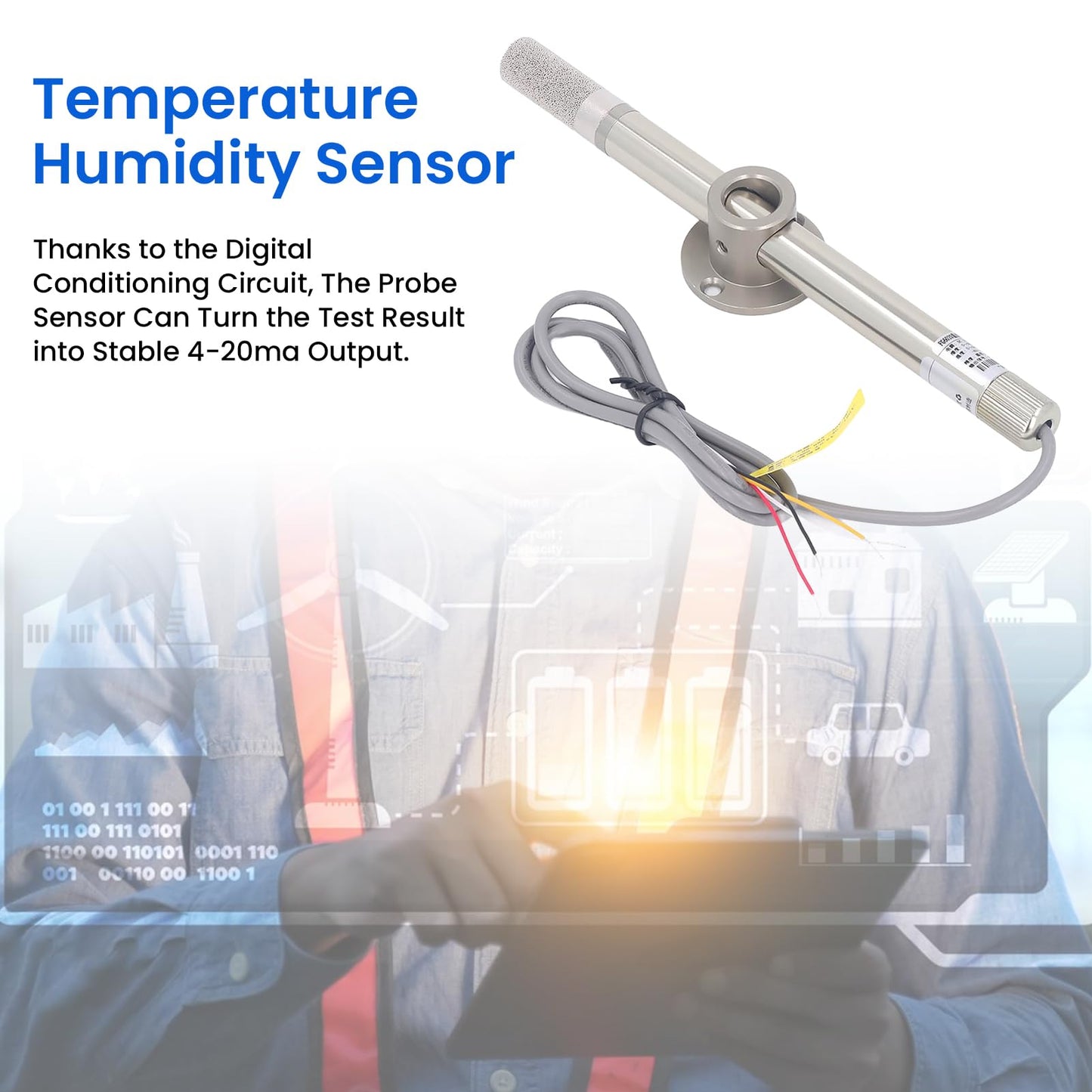 Temperature Humidity Sensor, 4‑20mA Output Temperature Humidity Transmitter Probe for Detection