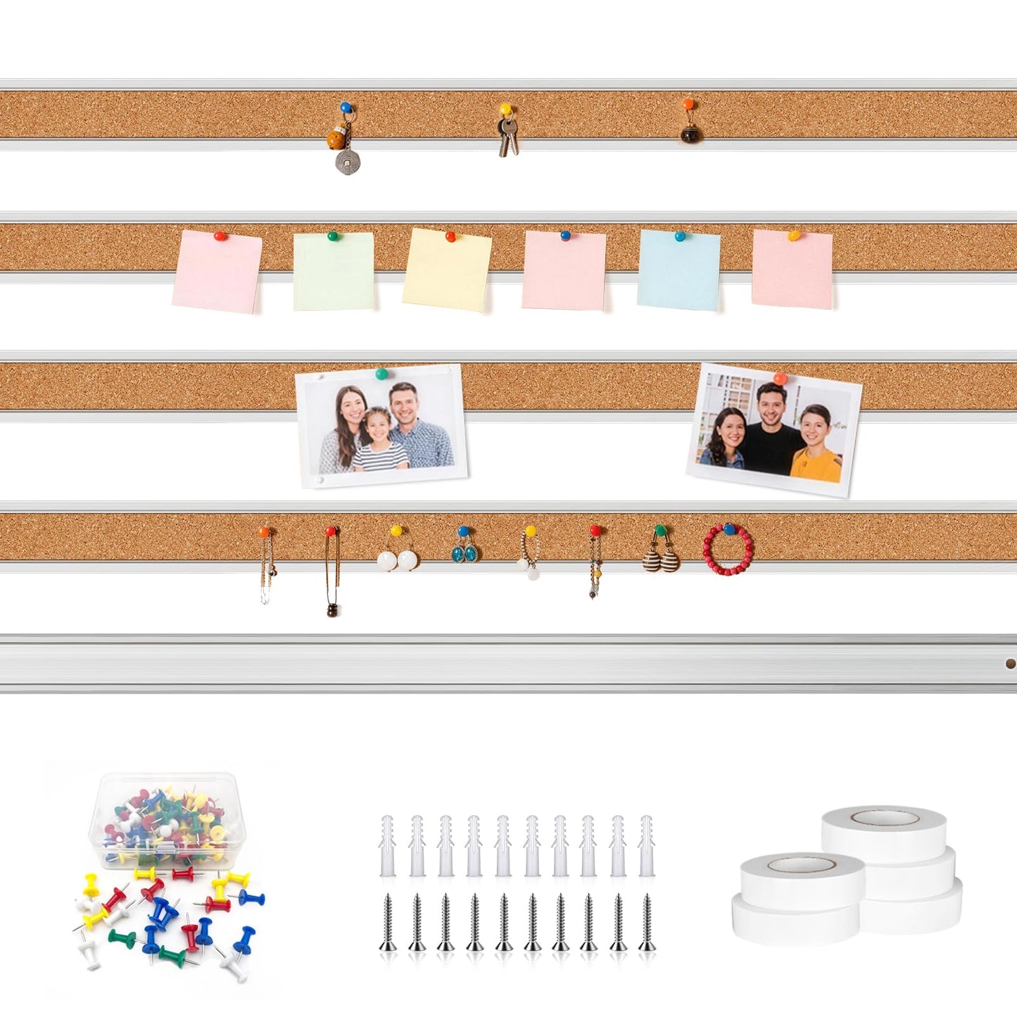 LILXIU 5 PCS Aluminum Trim Cork Board Strips for Walls 45.66 * 1.18 Inch Cork Strips Bulletin Bar Strip with Accessories Bulletin Board Strip for Home Office Classroom Decor