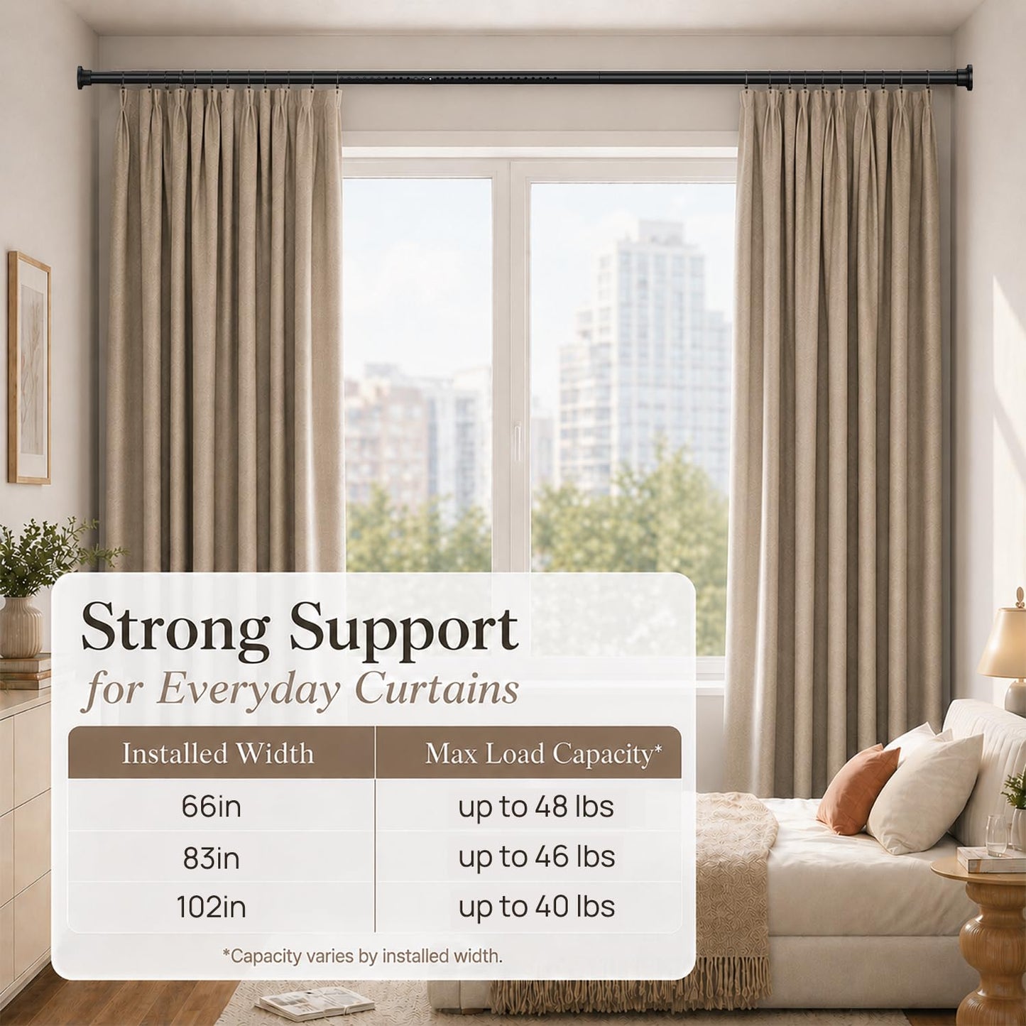 ALLZONE Tension Curtain Rods for Windows 66 to 120 Inches, Black Curtain Rods No Drilling, Heavy Duty Extra Long Tension Rod for Curtains, Outdoor Curtains Rod for Patio, Bedroom