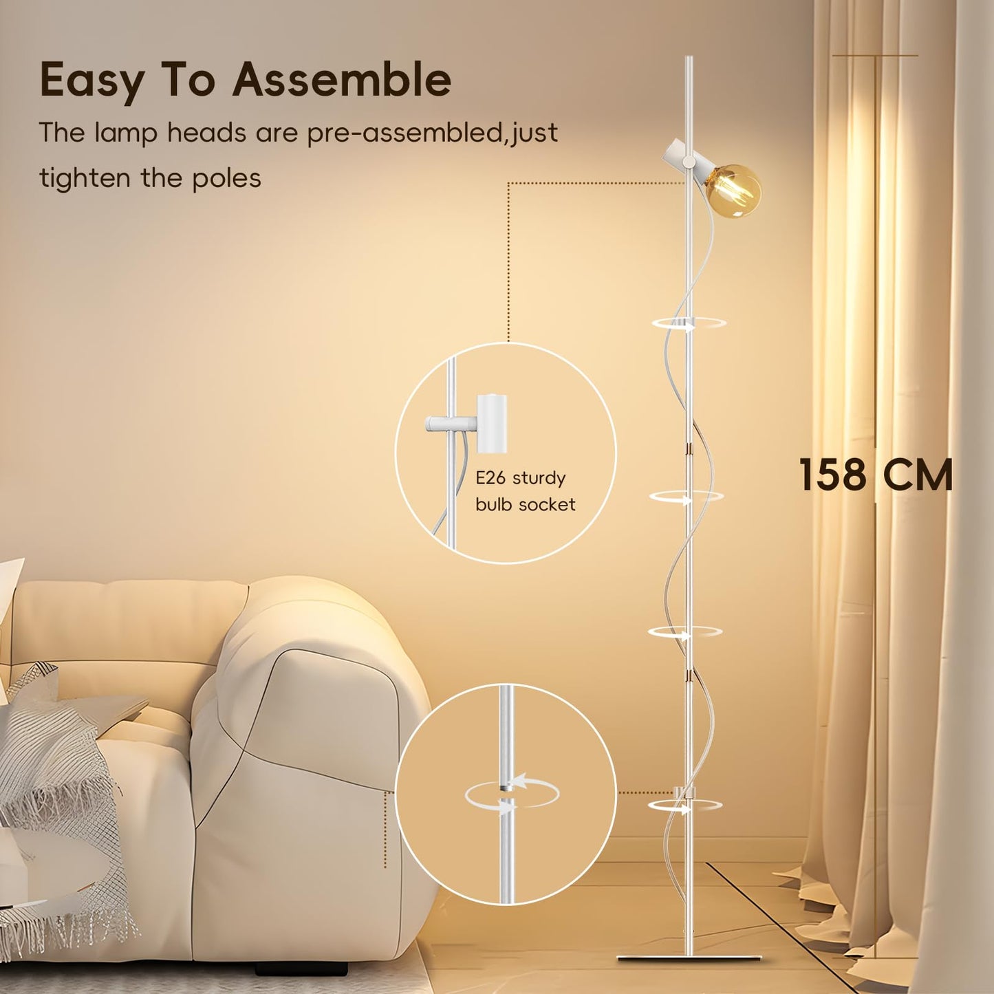 MOSLIAN Floor Lamp for Living Room,Adjustable Height&Dimmable&Rotatable lamp Head Standing Floor Lamp,2200K Warm Ambiant Lighting with Gradient Brown Bulb for Living Room,Bedroom (Bulb Included)