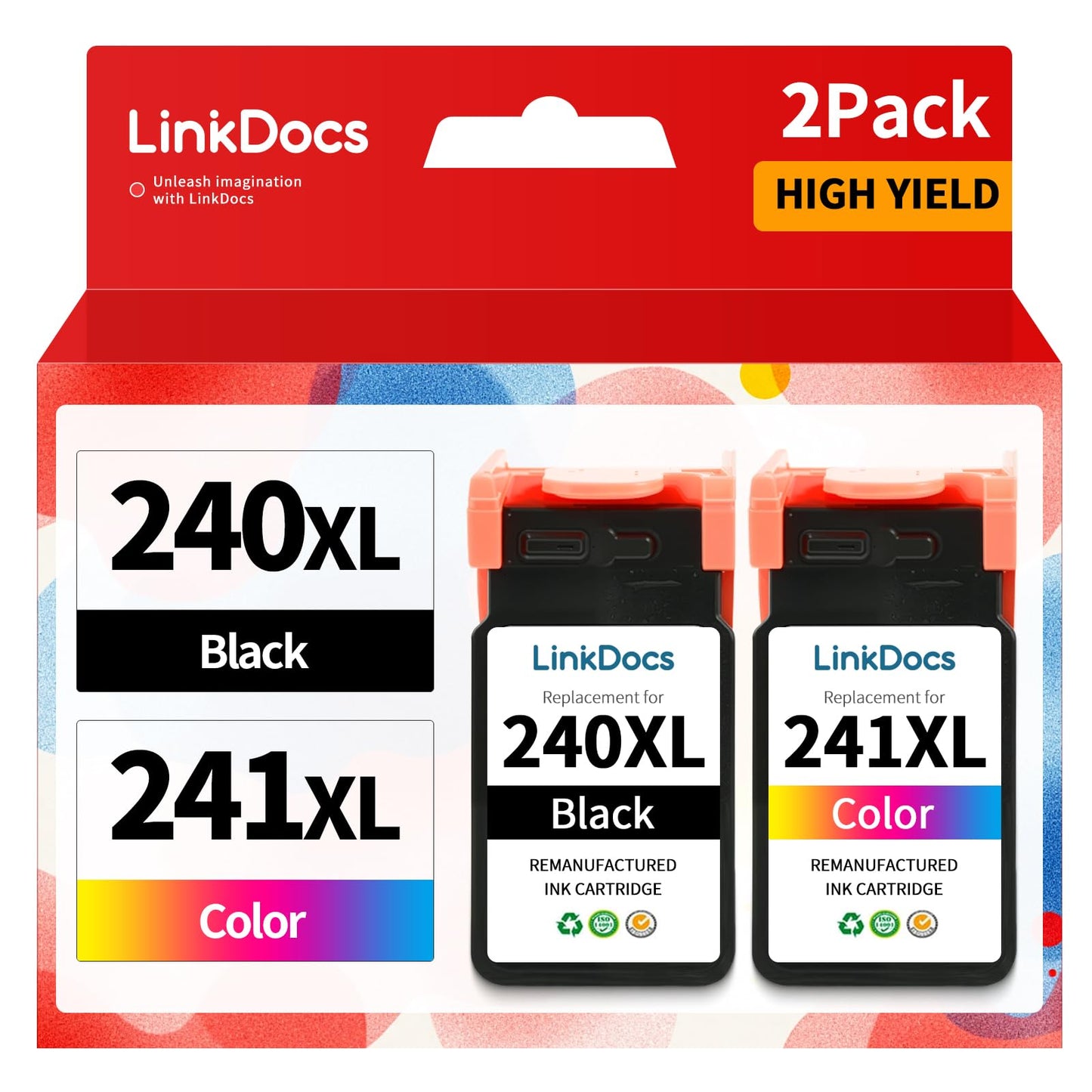 LinkDocs 240XL 241XL Remanufactured Ink Cartridges Replacement for Canon PG-240XL CL-241XL 240 XXL 241 XL Work for MG3620 MG3600 MG3220 MG3222 MG2120 TS5120 MX472 Printer (2 Pack, Black & Tri-Color)
