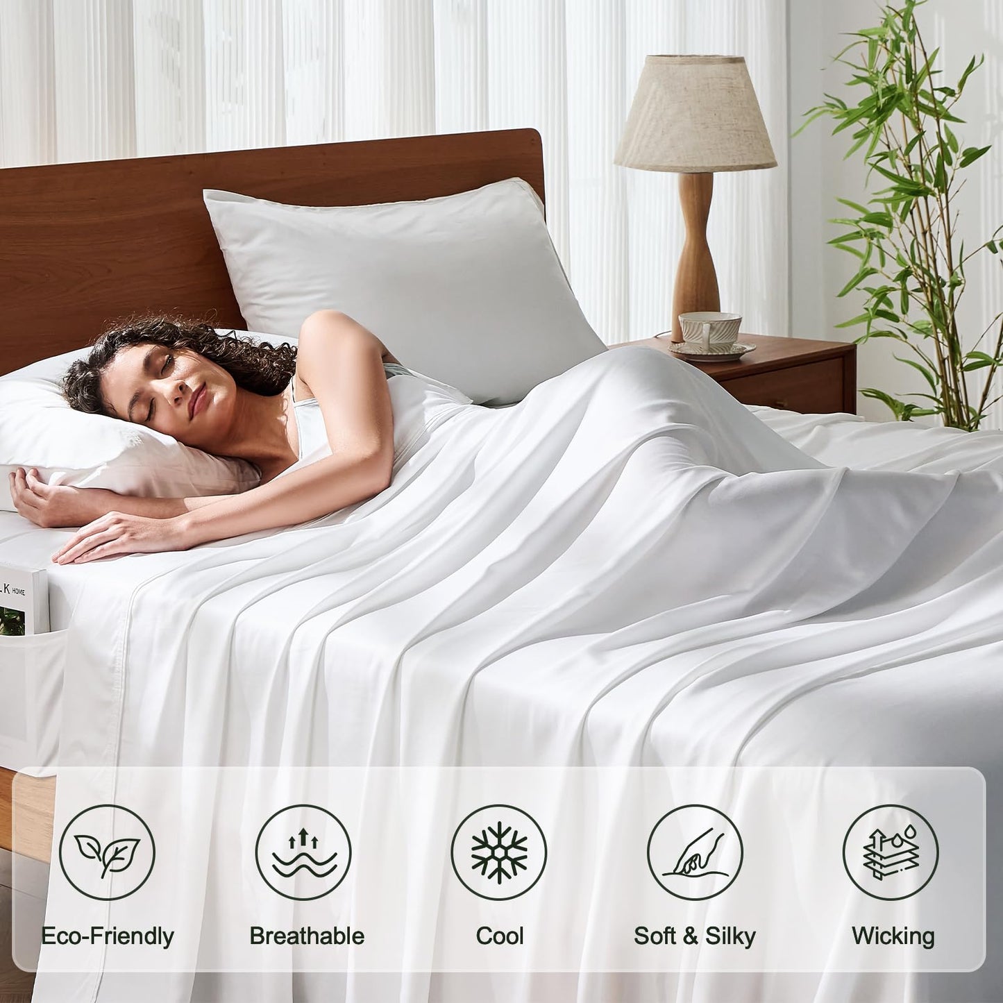 Krimano Twin Size Sheet Set, Viscose Bamboo Sheets for Bed Set 3pcs, 100% Viscose Derived from Bamboo, Hotel Luxury Silky & Cooling for Hot Sleepers, Deep Pocket Up to 17", White