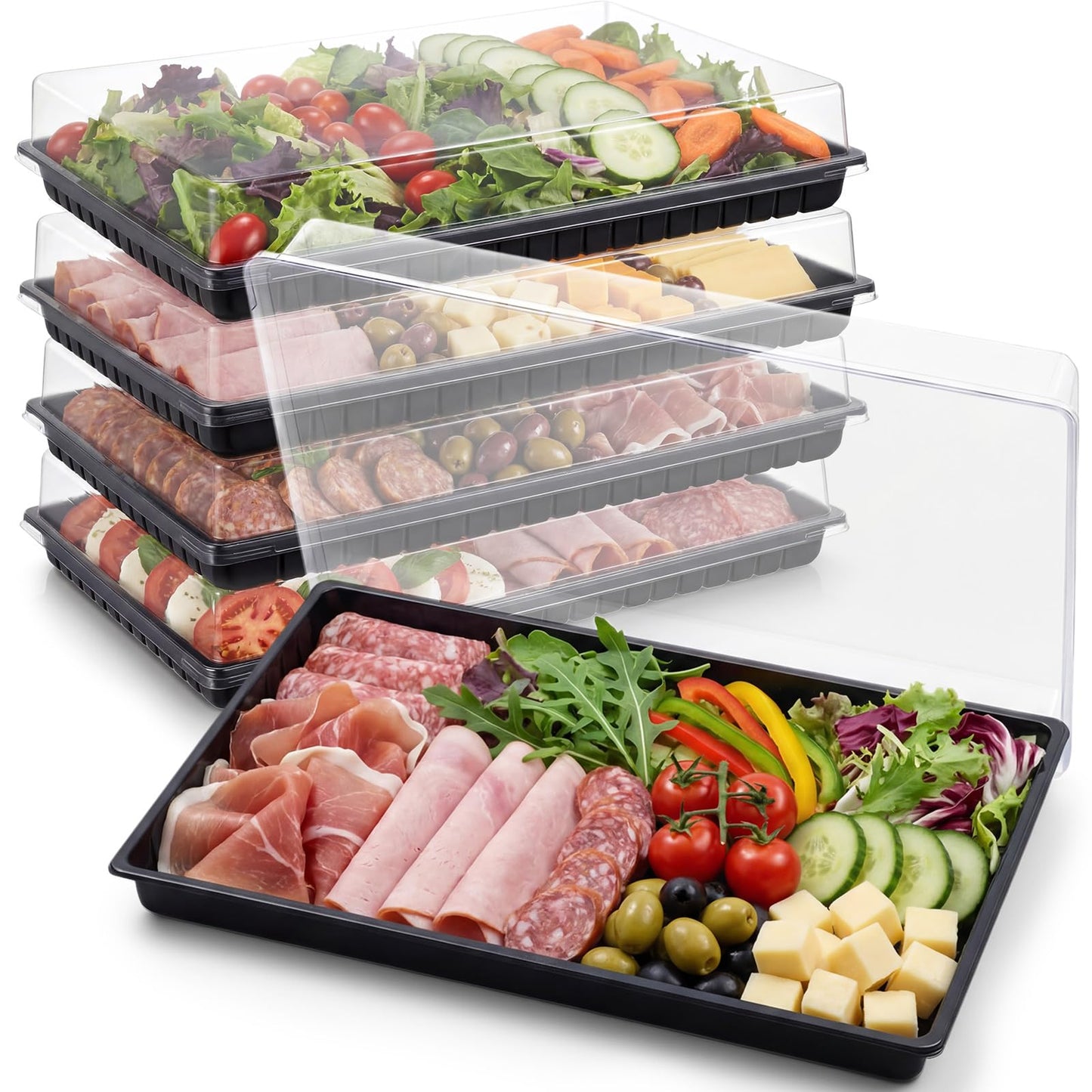 Shellwei 5 Pack Extra Large Charcuterie Board with Lids, 18 x 12 Inch Plastic Catering Trays for Cookies, Desserts, Candy, Reusable Serving Platters for Travel Party