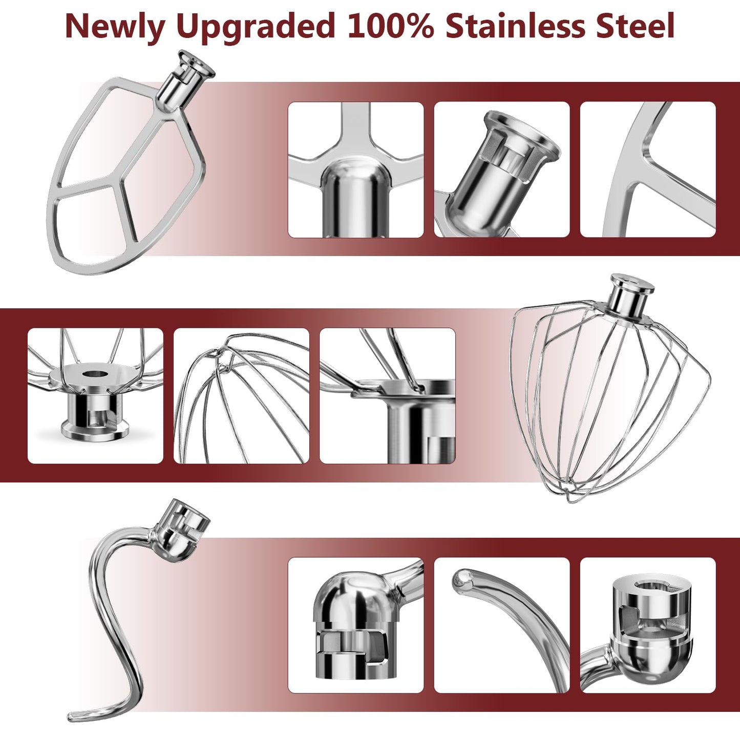 LETOMS Stainless Steel Attachments 3-Piece for KitchenAid 5.5-6 QT Bowl-Lift Stand Mixer and Mixing Bowl,Includes Wire Whisk, Flat Beater, Dough Hook,Dishwasher Safe and Heavy Duty